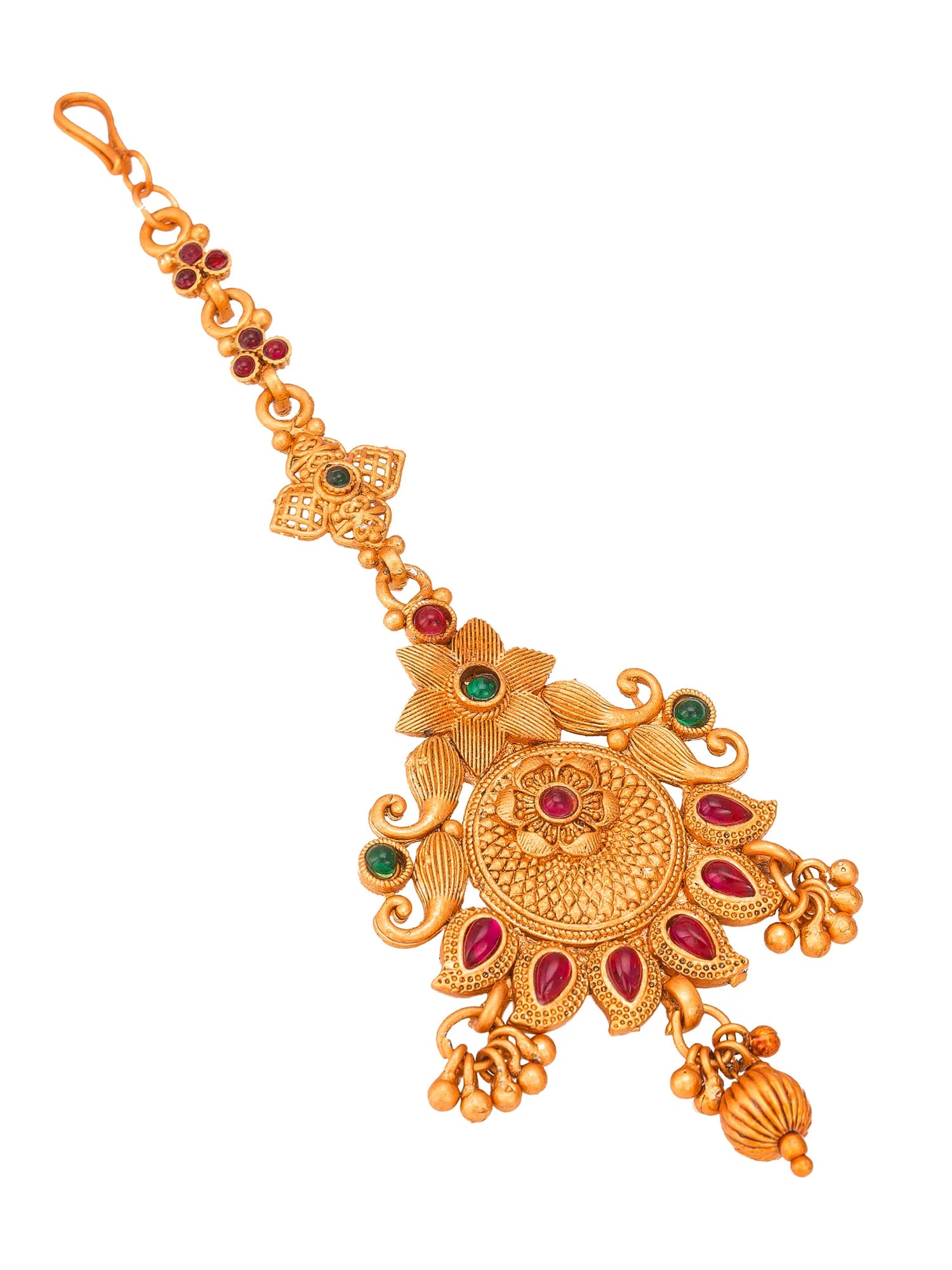 Gold necklace with floral design and gemstones on a white background