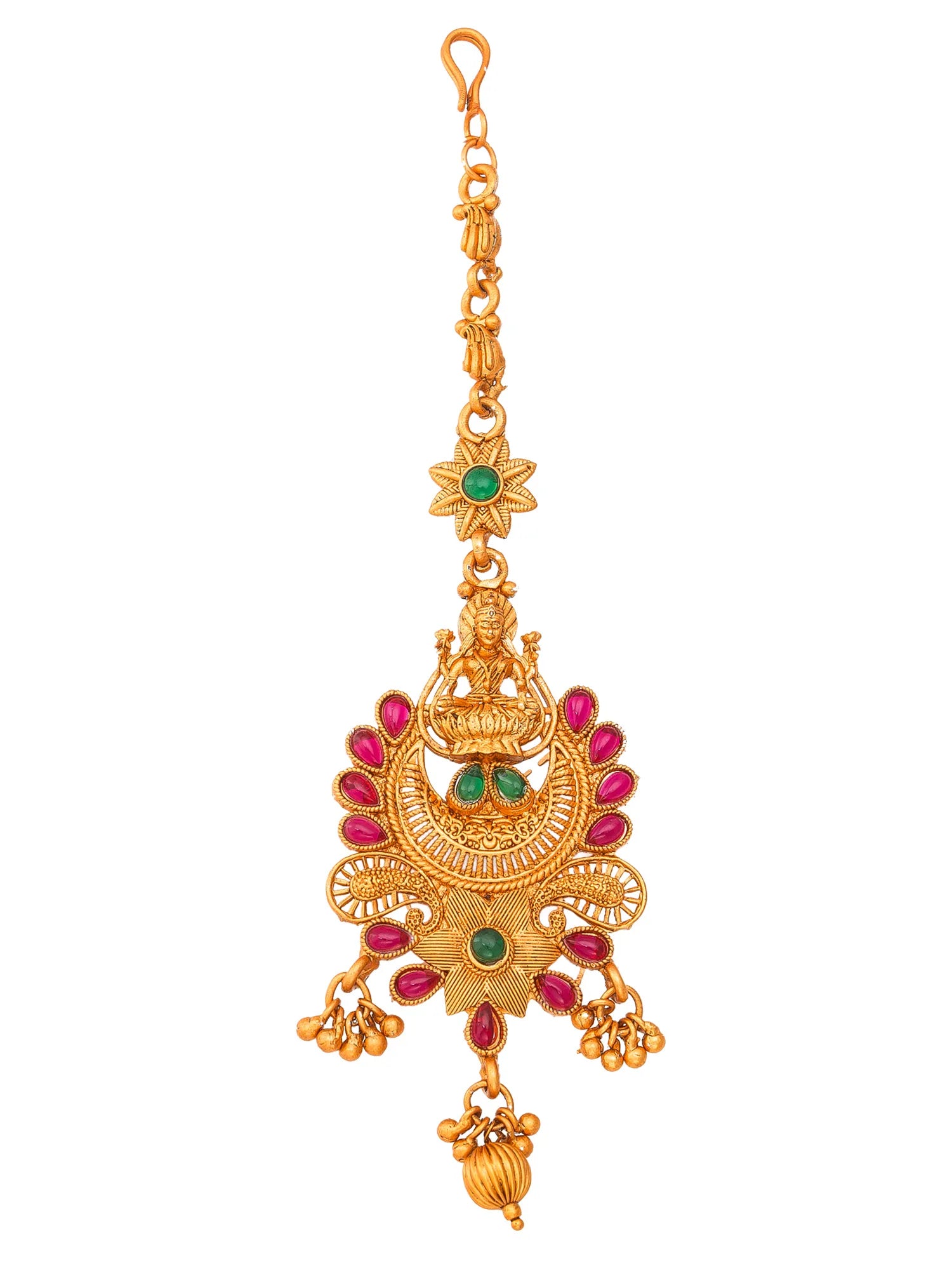 Gold pendant with red and green gemstones on a white background