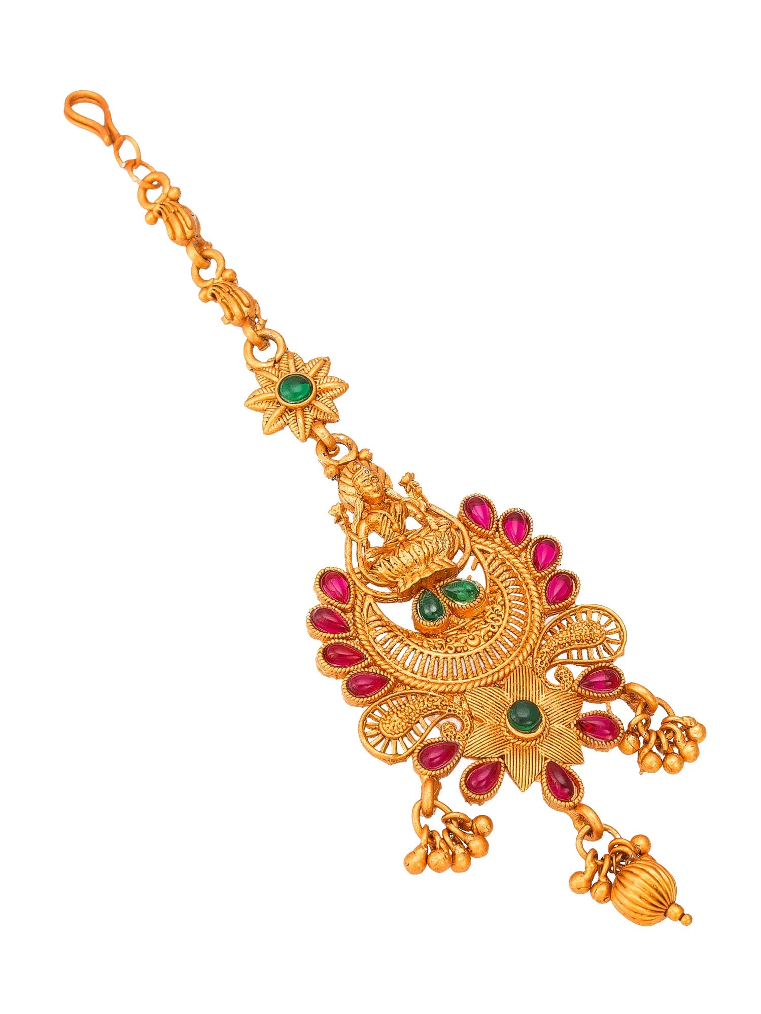 Gold necklace with green and red gemstones on a white background