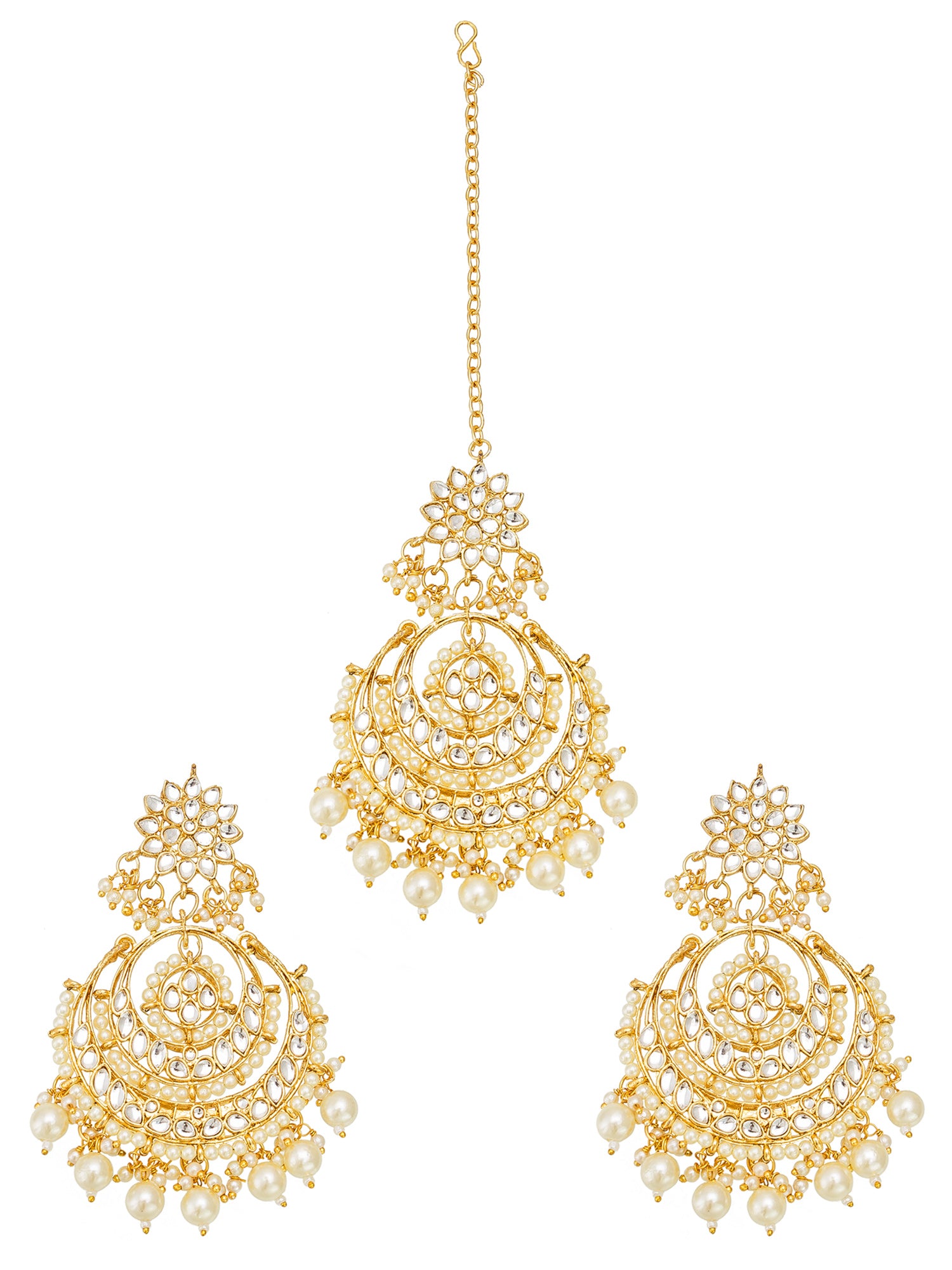 Aadita Gold Plated White Stone and Pearl Chandbali Maang Tikka with Earrings Set