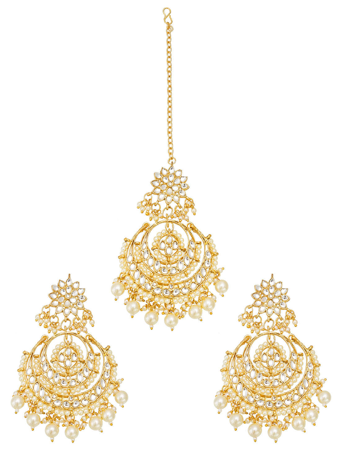 Aadita Gold Plated White Stone and Pearl Chandbali Maang Tikka with Earrings Set