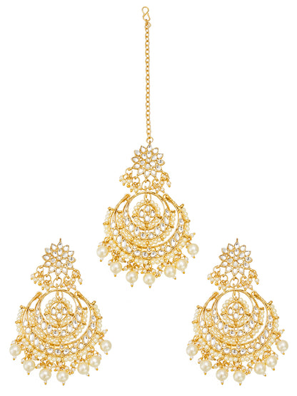 Aadita Gold Plated White Stone and Pearl Chandbali Maang Tikka with Earrings Set