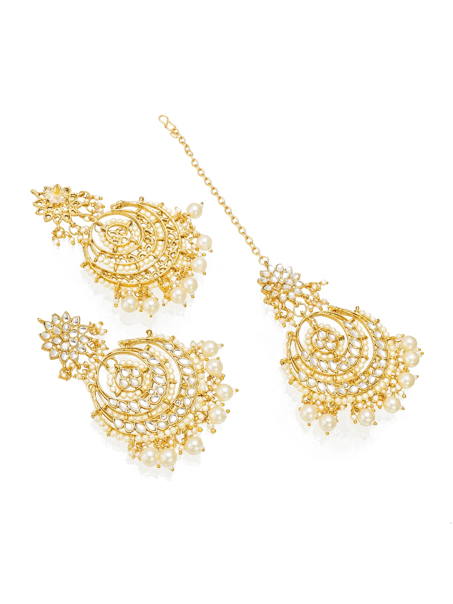 Aadita Gold Plated White Stone and Pearl Chandbali Maang Tikka with Earrings Set