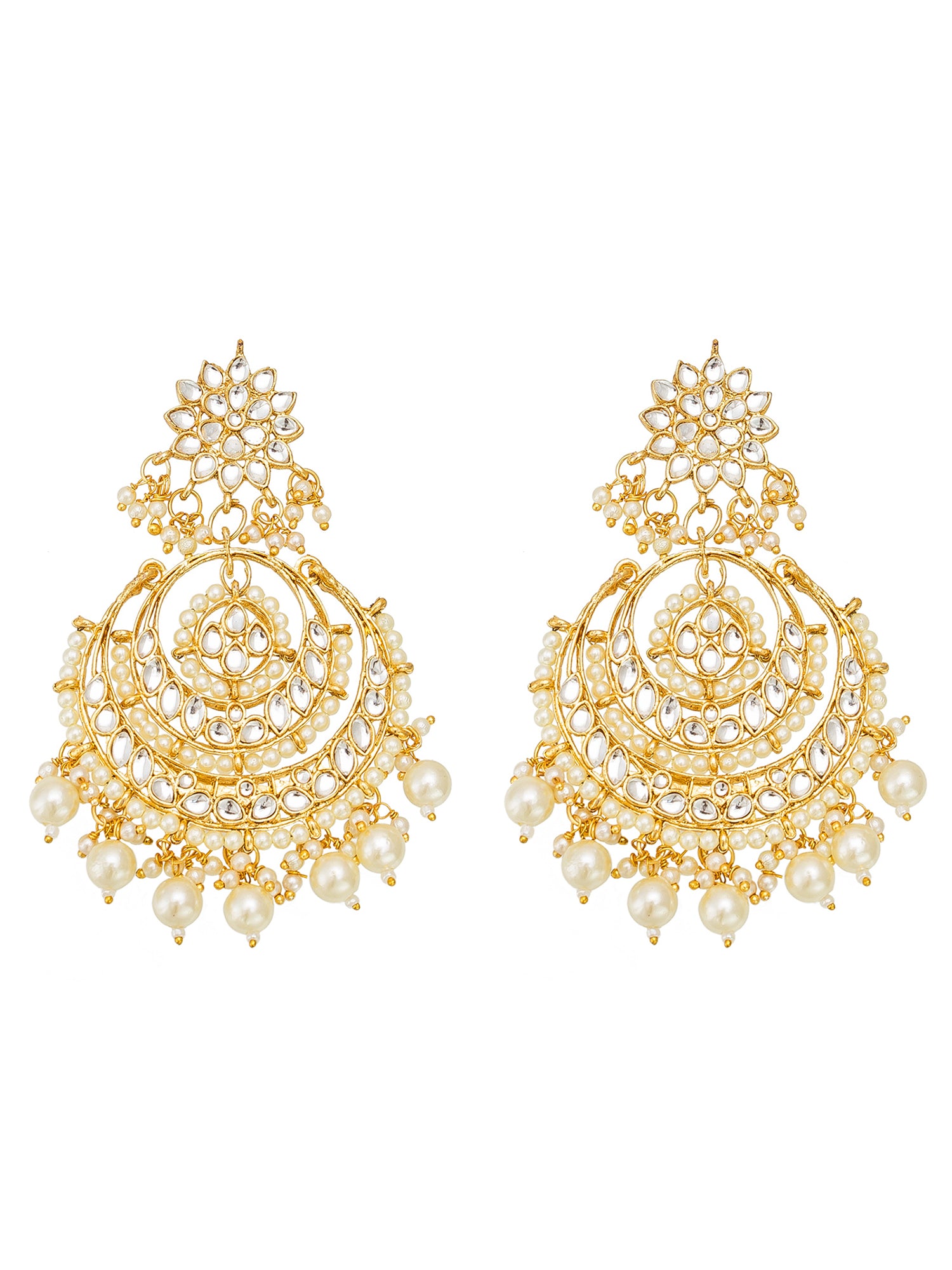 Aadita Gold Plated White Stone and Pearl Chandbali Maang Tikka with Earrings Set