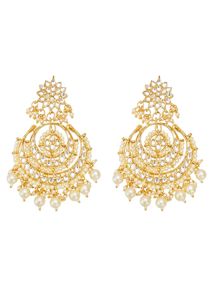 Aadita Gold Plated White Stone and Pearl Chandbali Maang Tikka with Earrings Set