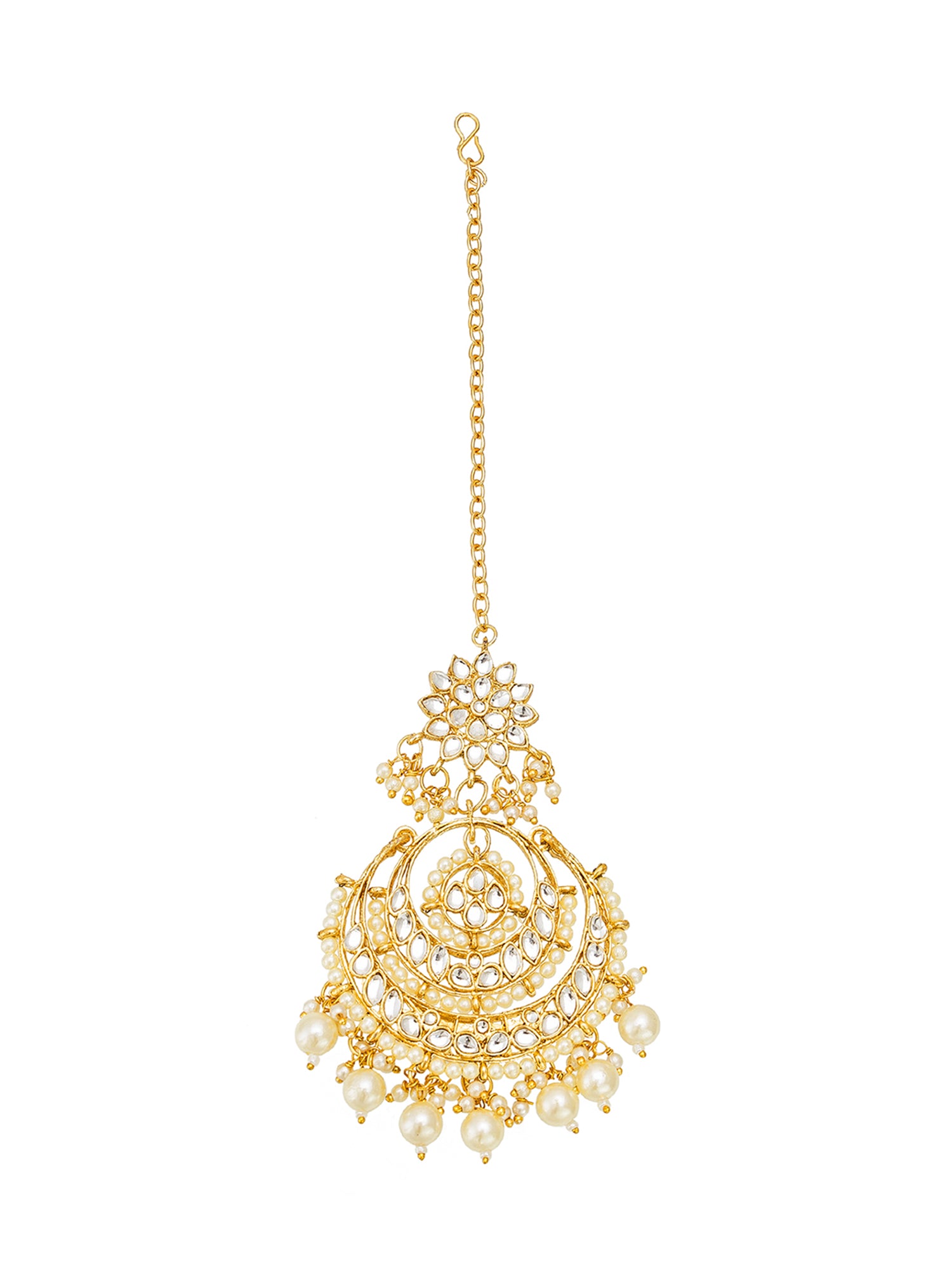 Aadita Gold Plated White Stone and Pearl Chandbali Maang Tikka with Earrings Set