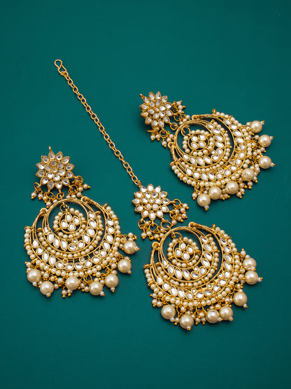 Aadita Gold Plated White Stone and Pearl Chandbali Maang Tikka with Earrings Set
