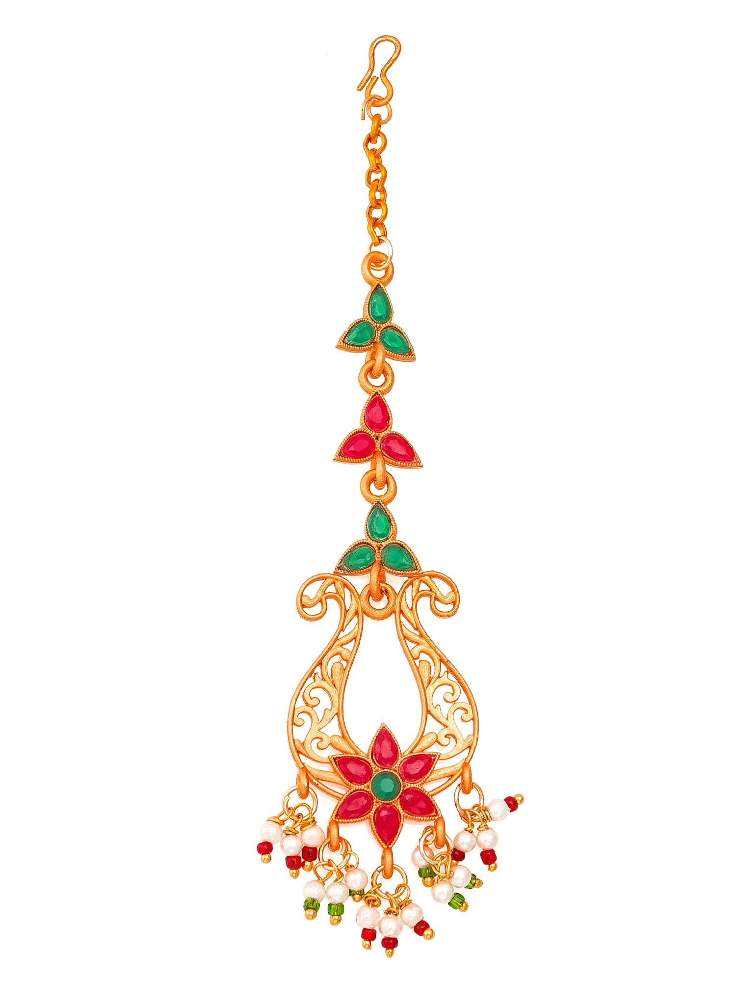 Decorative gold earring with red and green gemstones on a white background