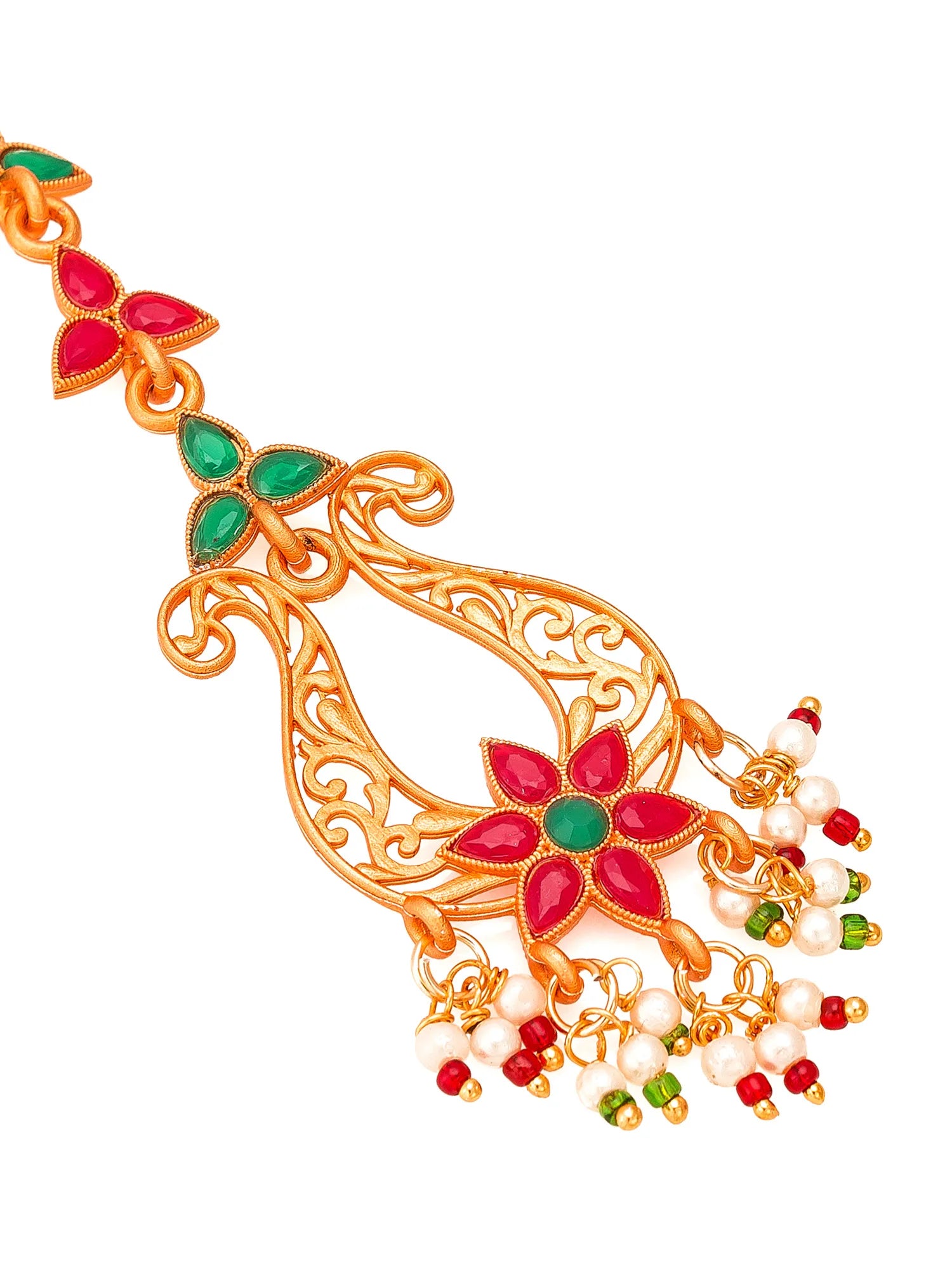 Decorative gold necklace with red, green, and pearl accents on a white background