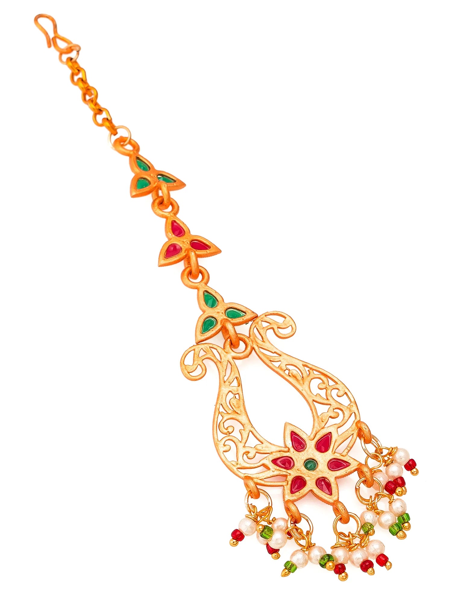 Decorative gold necklace with red and green accents on a white background