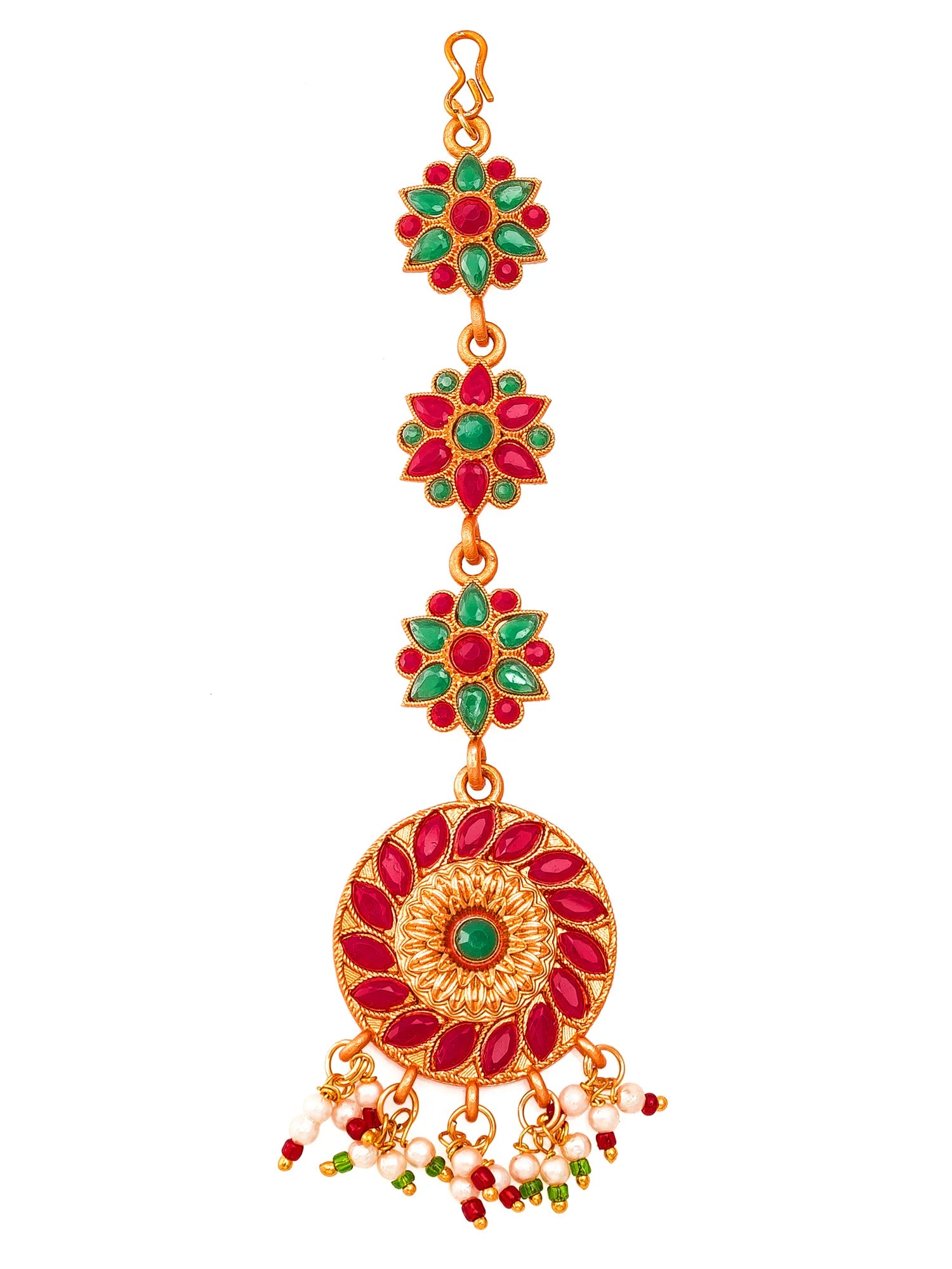 Decorative gold pendant with red and green gemstones on a white background