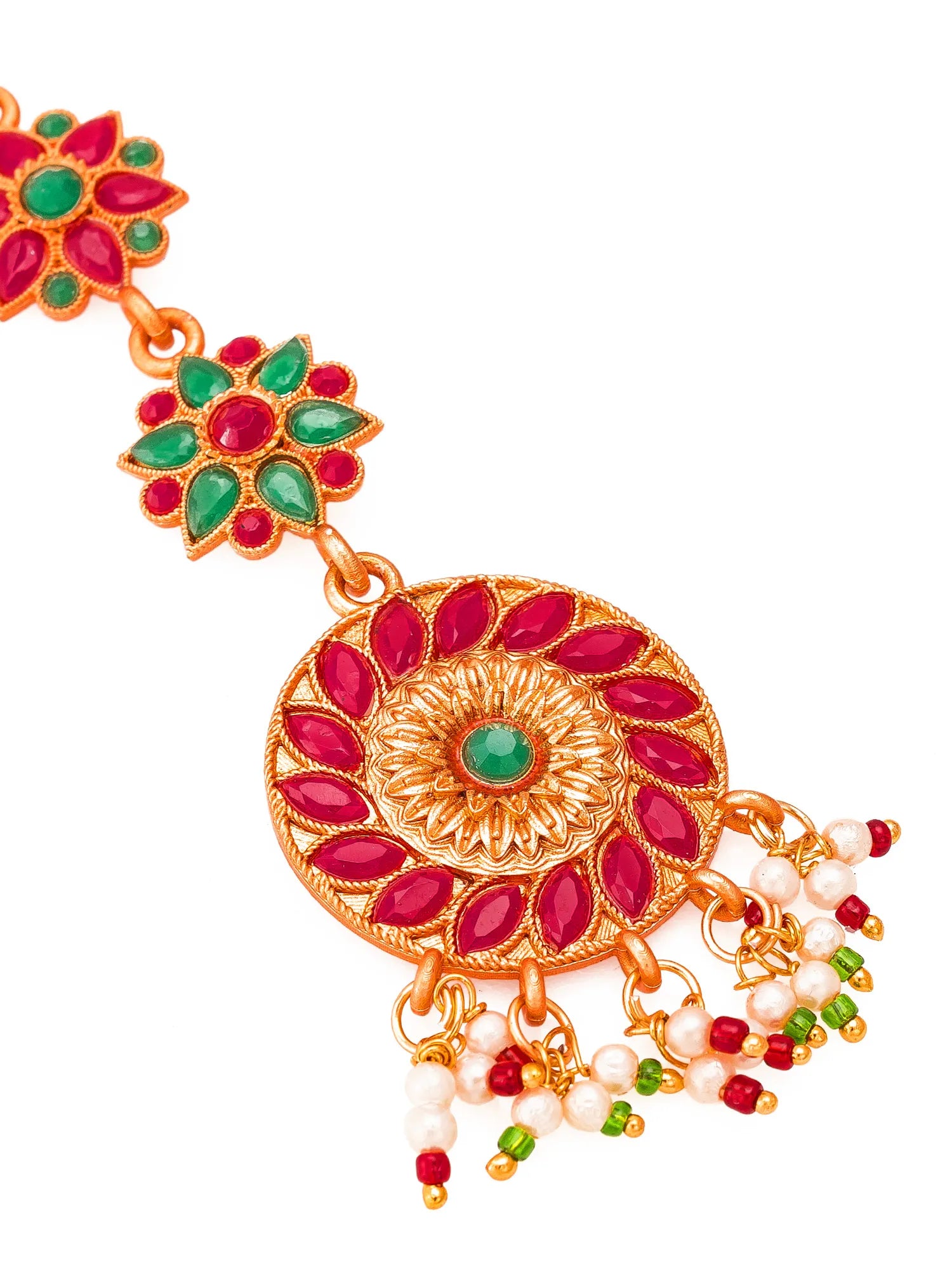 Decorative necklace with red, green, and gold elements on a white background