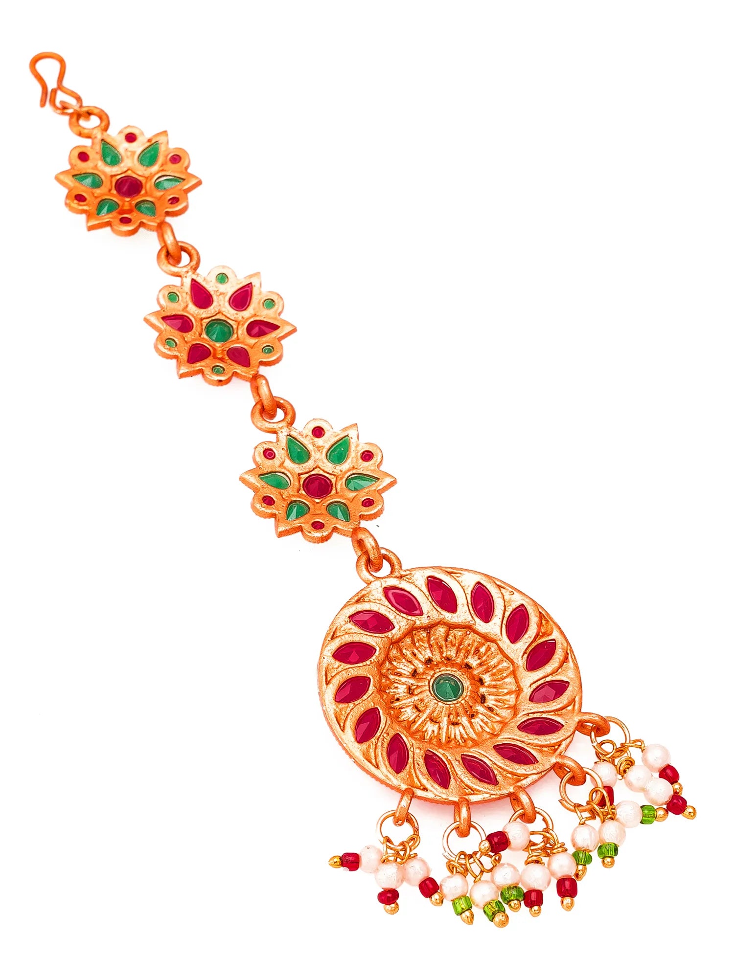 Decorative orange and red jewelry piece on a white background