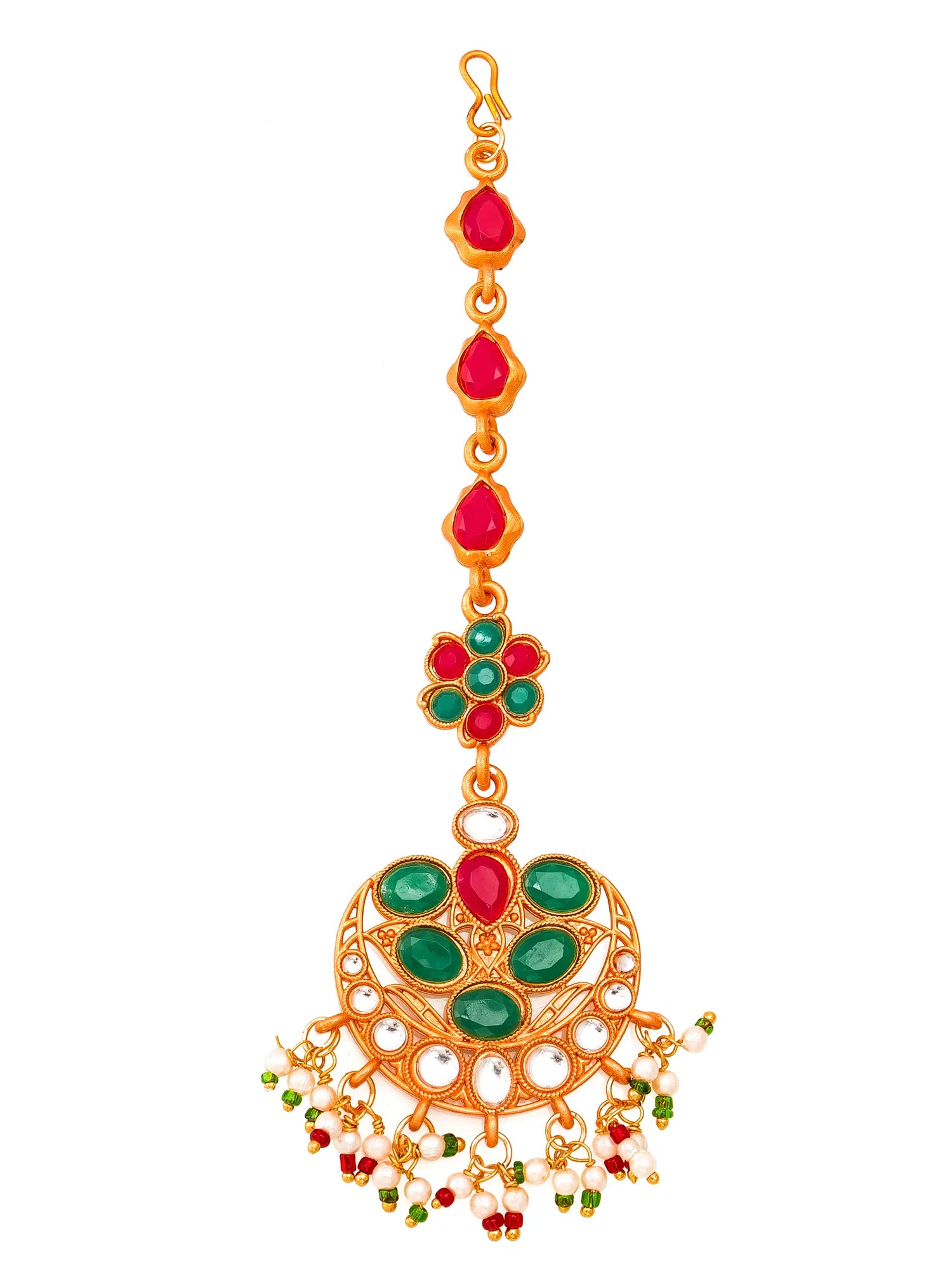 Decorative gold pendant with red and green gemstones on a white background