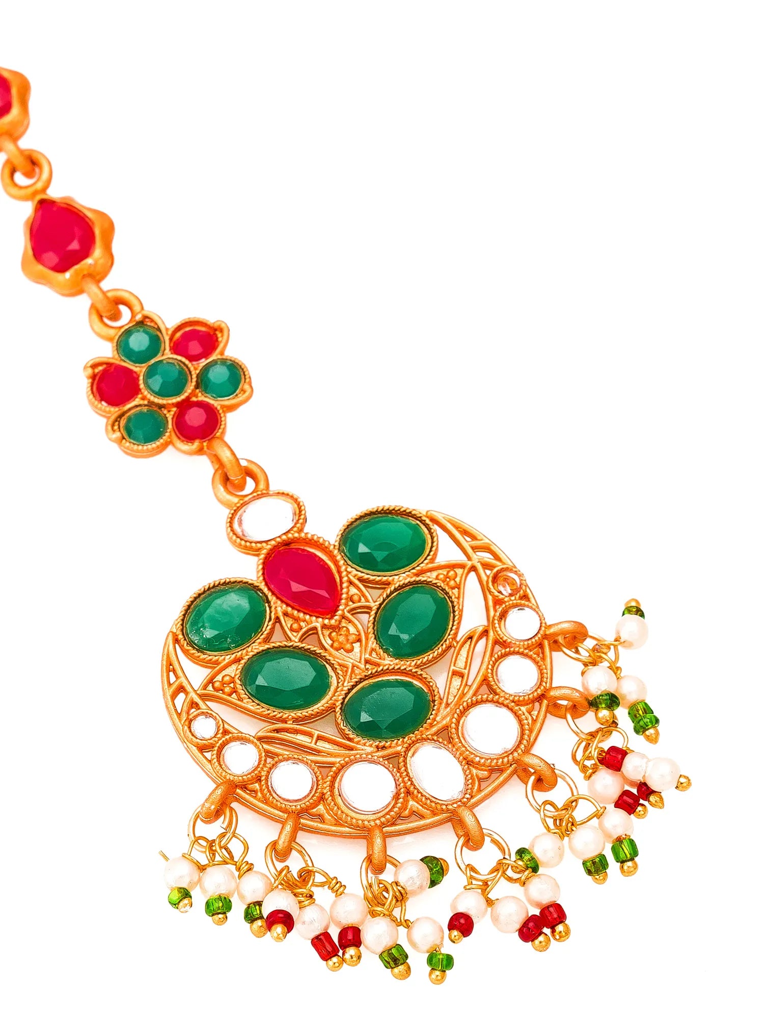 Decorative gold necklace with green and red stones on a white background