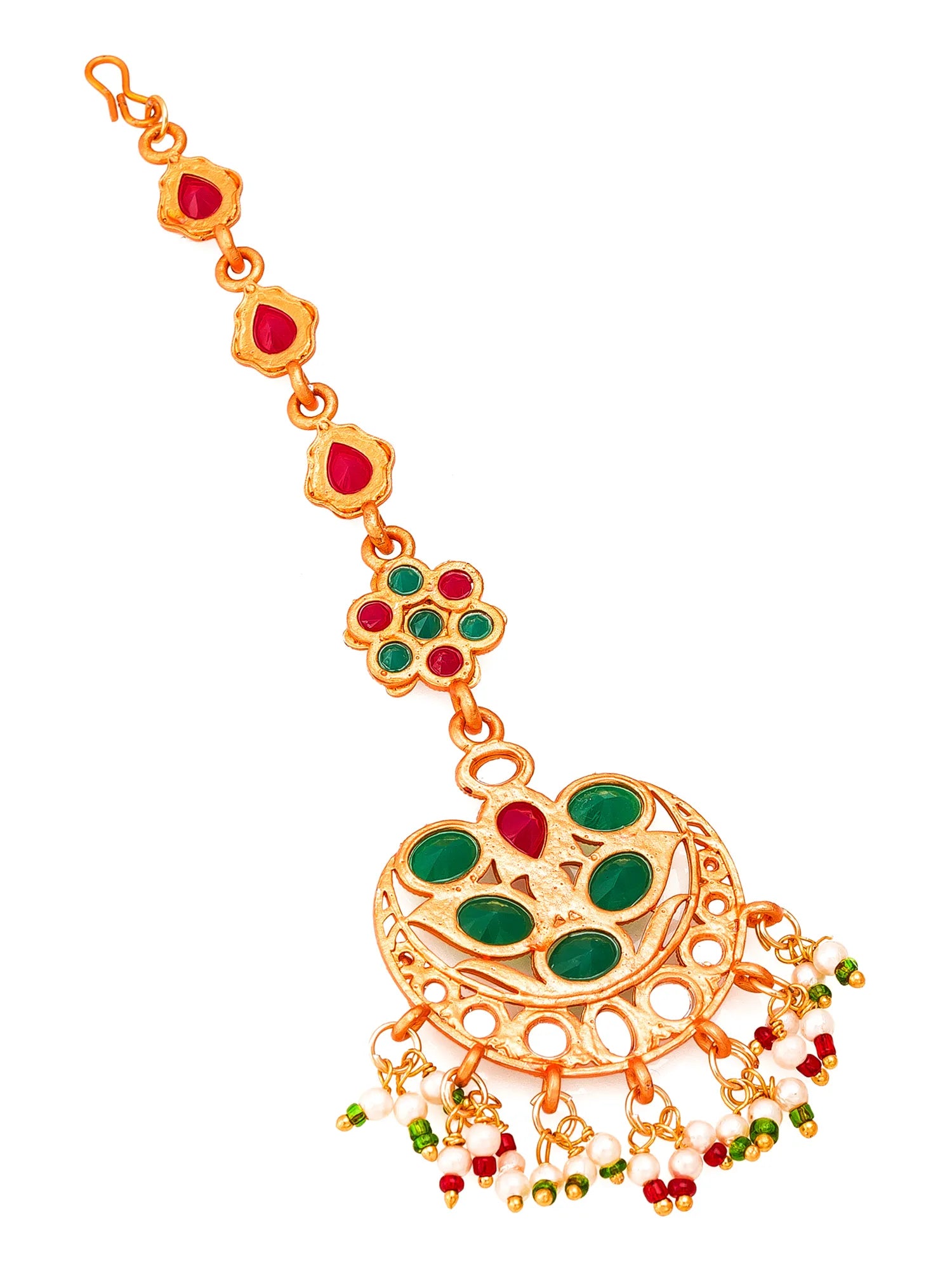 Decorative gold hanger with green and red stones on a white background