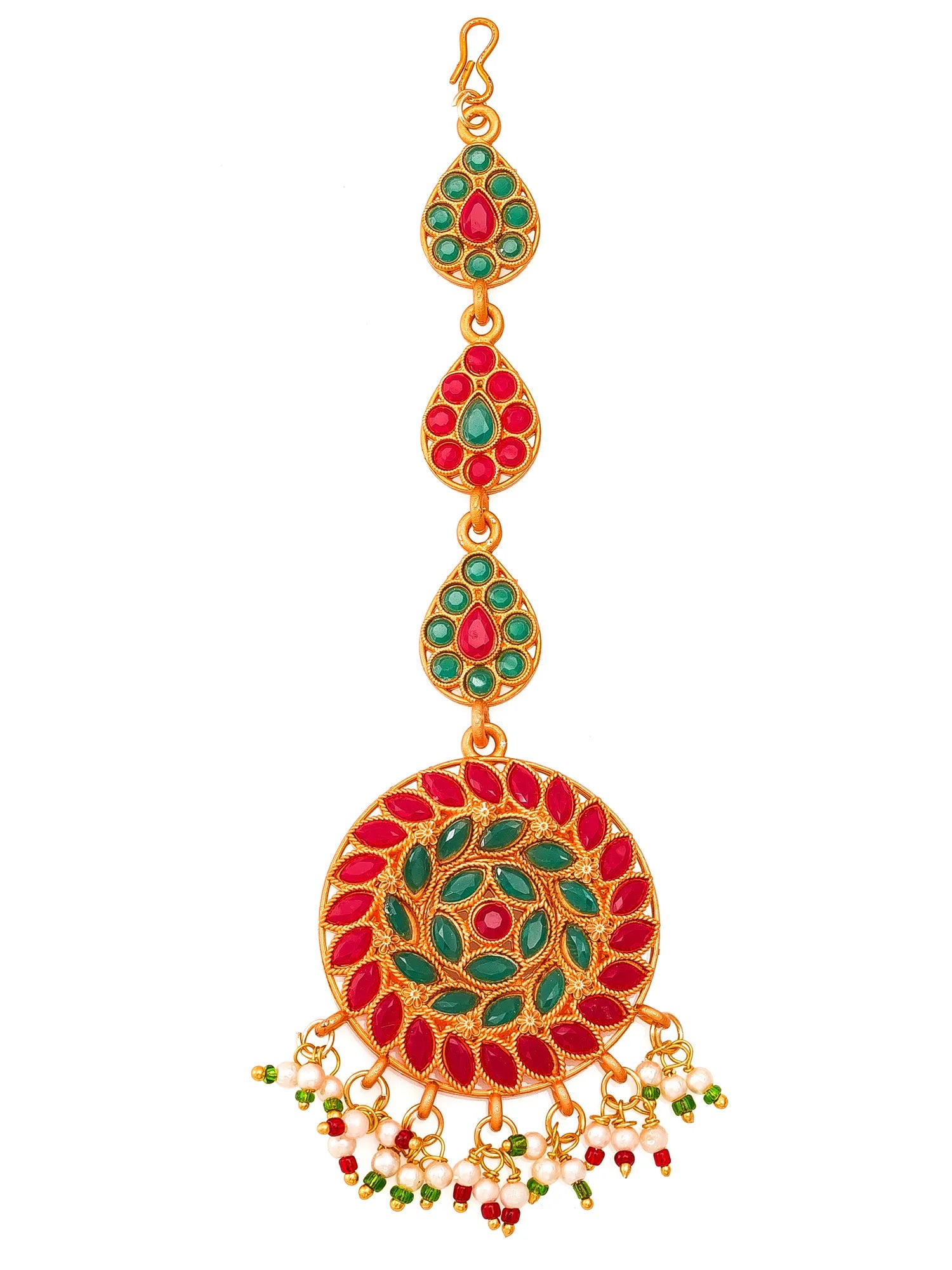 Decorative gold pendant with red and green stones on a white background