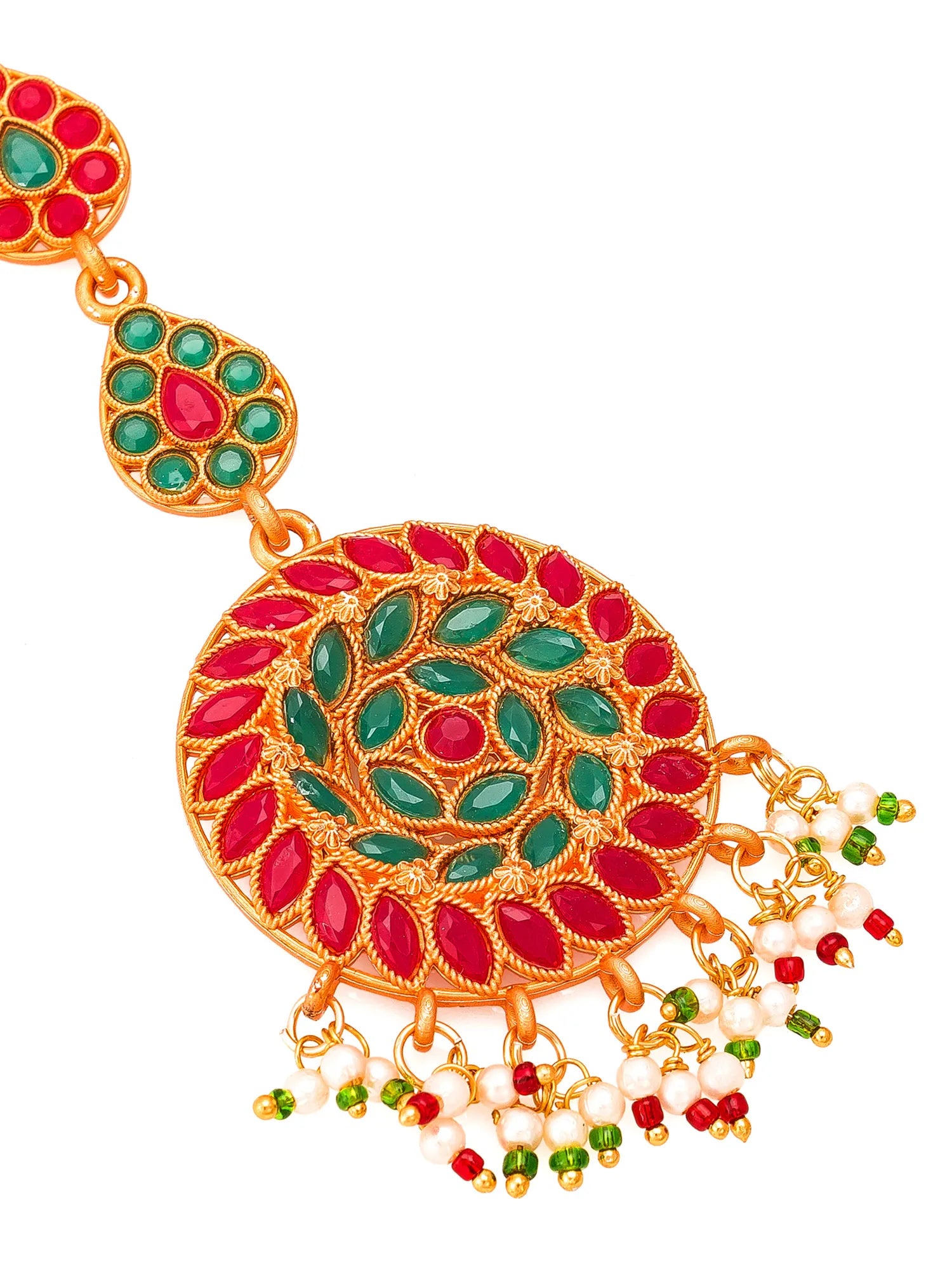 Ornate gold earring with red and green gemstones on a white background