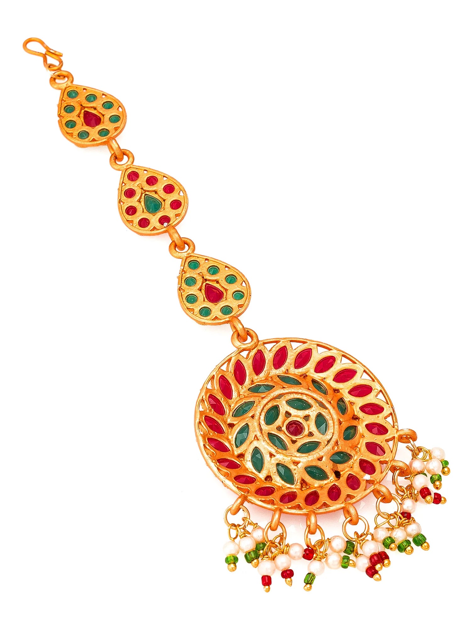 Decorative gold bracelet with red and green stones on a white background