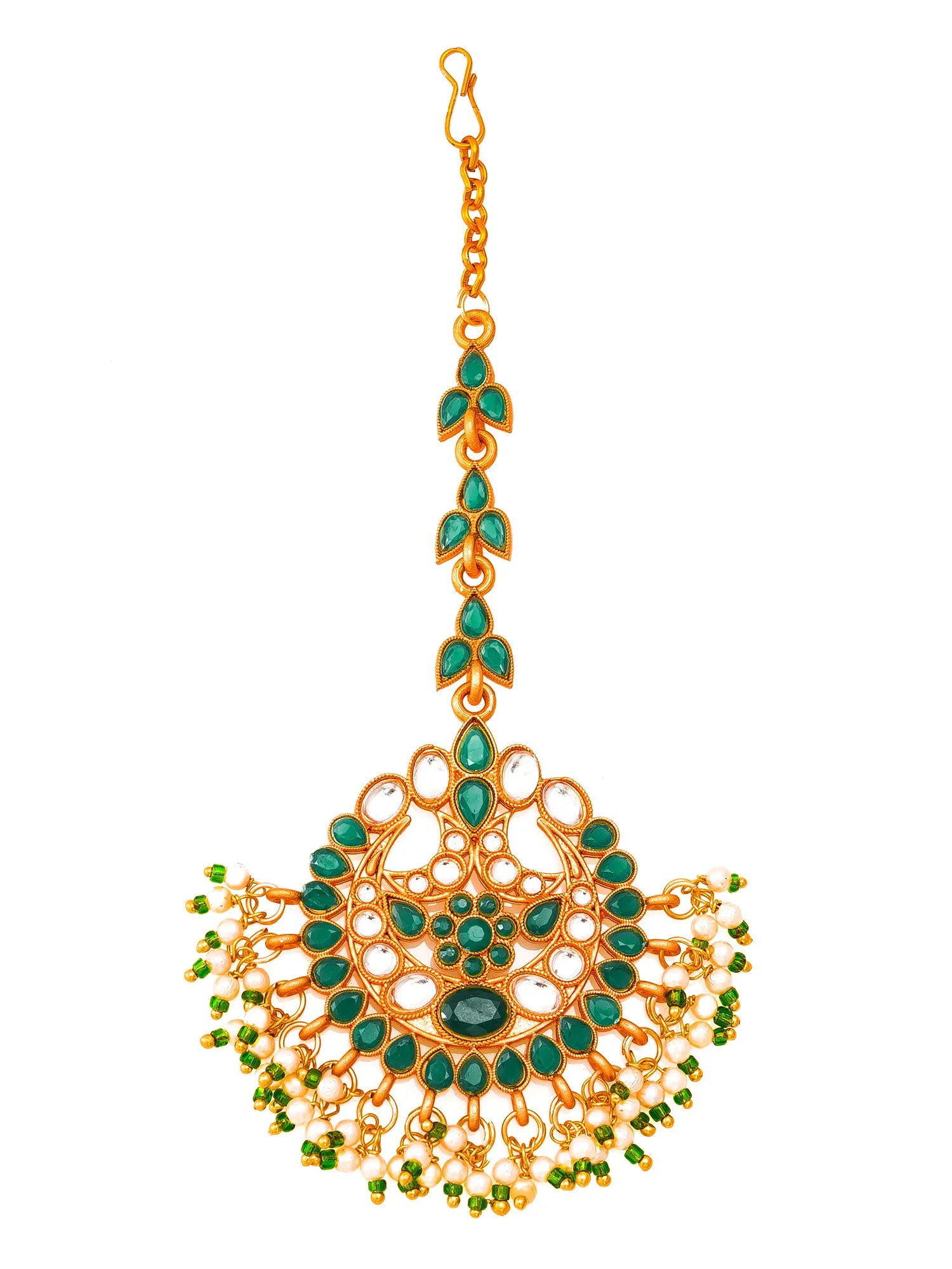 Decorative gold and green pendant on a white background