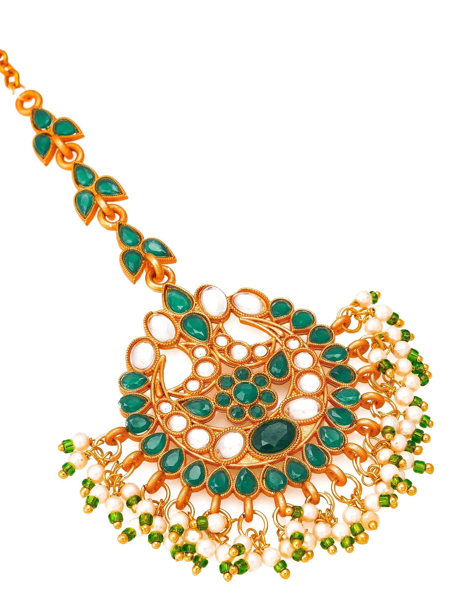 Ornate gold and green necklace on a white background