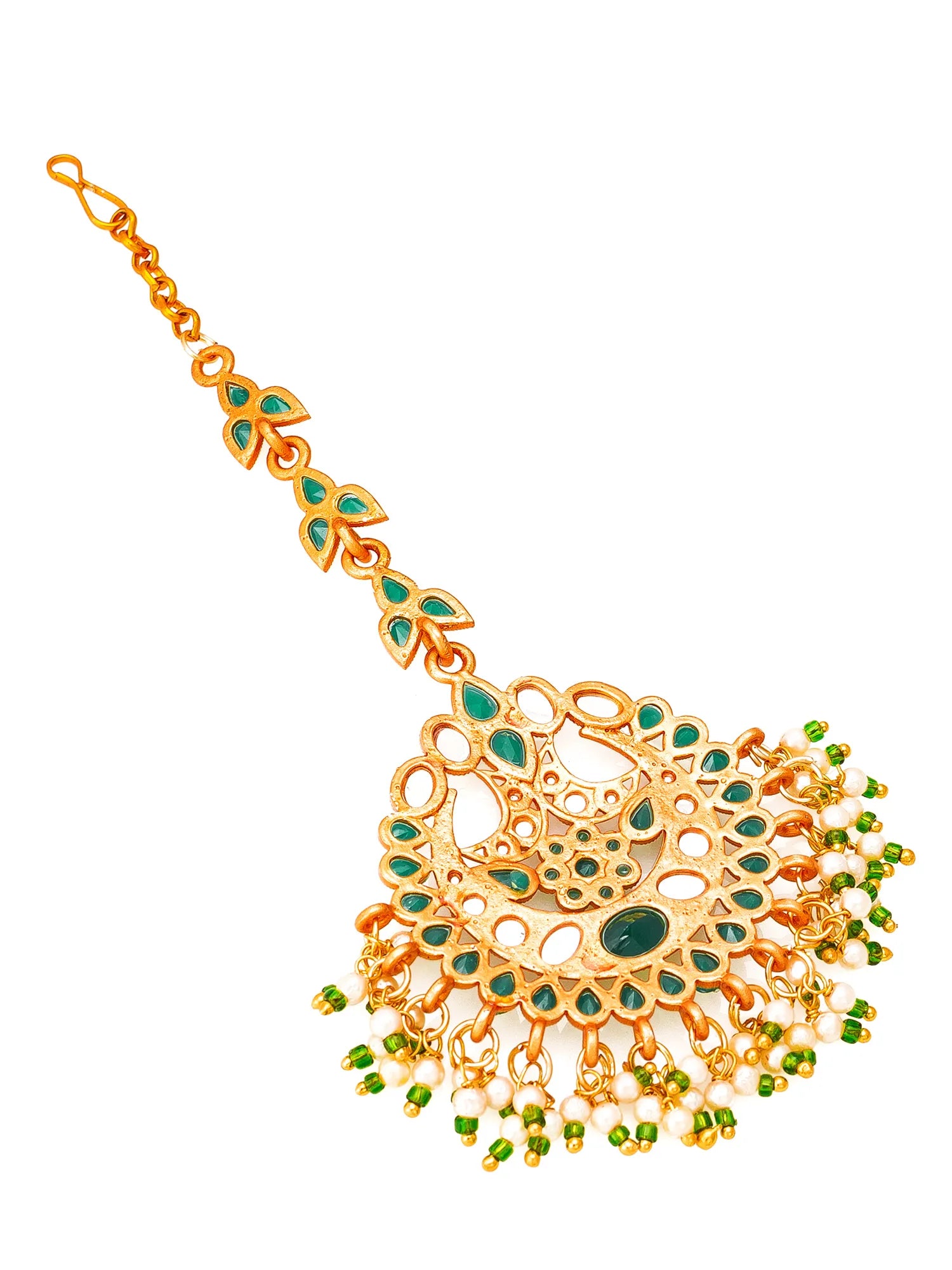 Gold and green decorative jewelry piece on a white background
