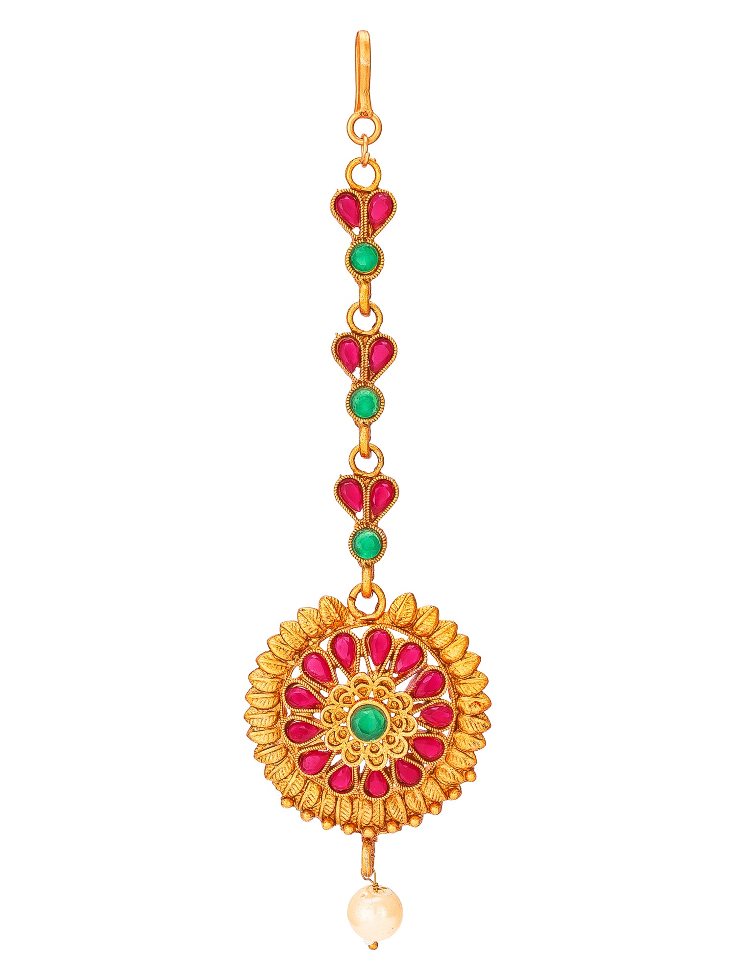 Aadita Gold Plated Circular Floral Pink and Green Stone Maang Tikka