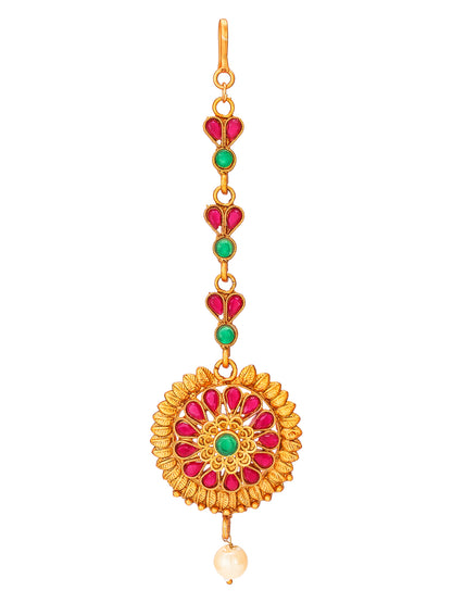 Aadita Gold Plated Circular Floral Pink and Green Stone Maang Tikka