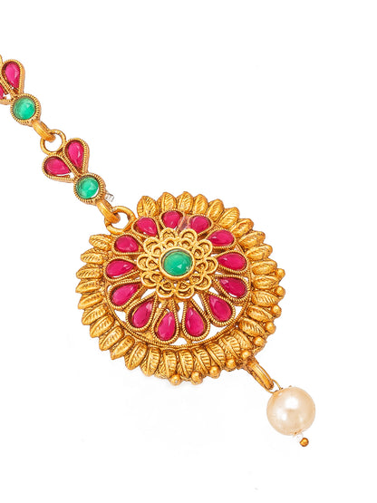 Aadita Gold Plated Circular Floral Pink and Green Stone Maang Tikka