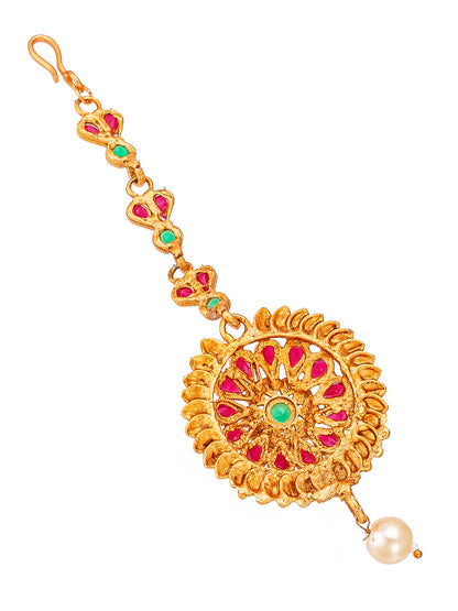 Aadita Gold Plated Circular Floral Pink and Green Stone Maang Tikka