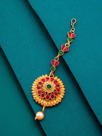 Aadita Gold Plated Circular Floral Pink and Green Stone Maang Tikka