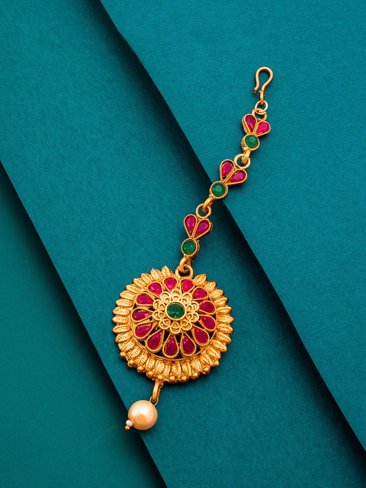 Aadita Gold Plated Circular Floral Pink and Green Stone Maang Tikka