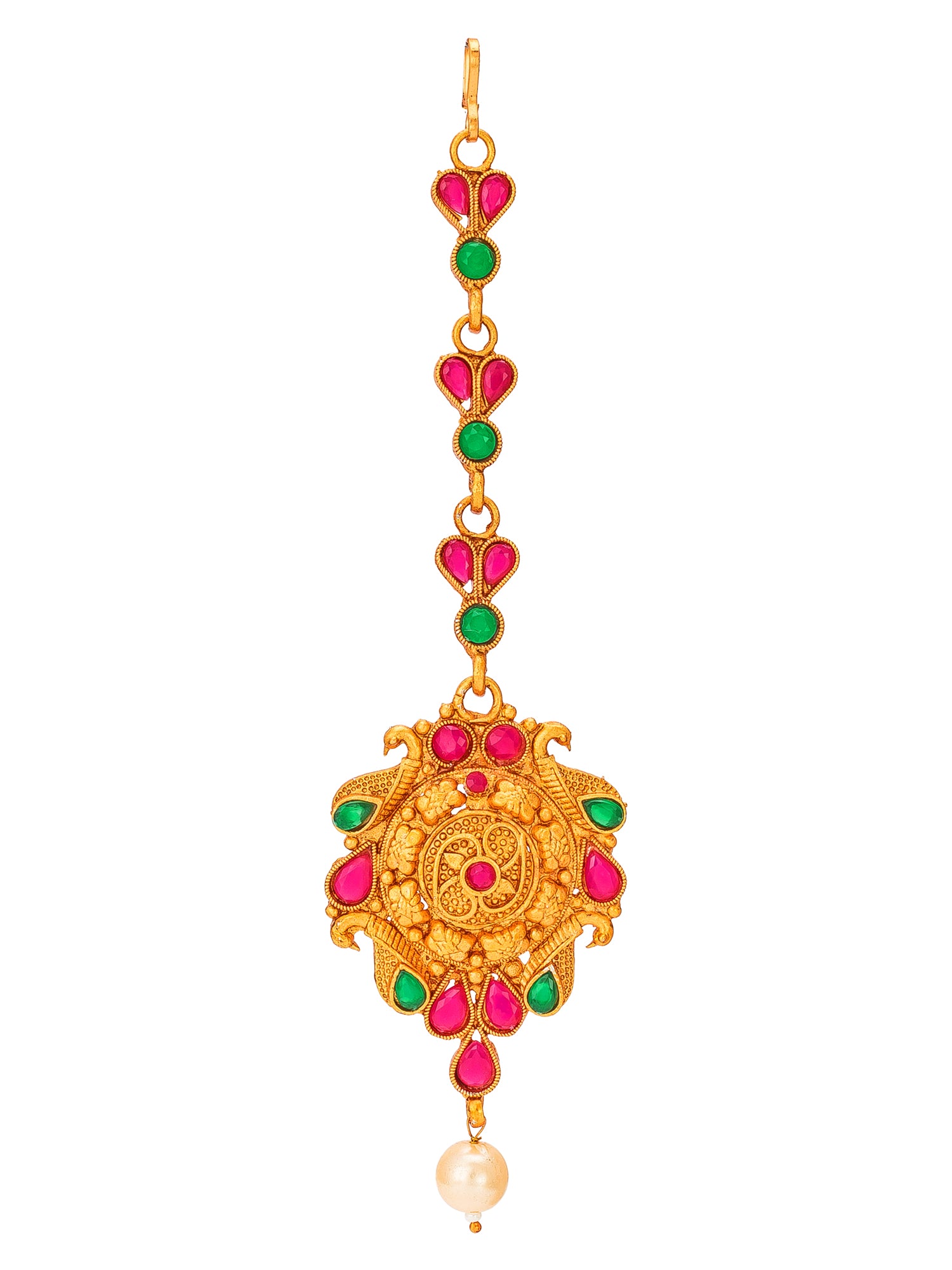 Aadita Gold Plated Intricate Peacock Motif Pink and Green Stone Maang Tikka