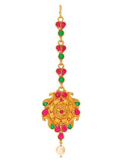Aadita Gold Plated Intricate Peacock Motif Pink and Green Stone Maang Tikka