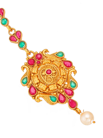 Aadita Gold Plated Intricate Peacock Motif Pink and Green Stone Maang Tikka