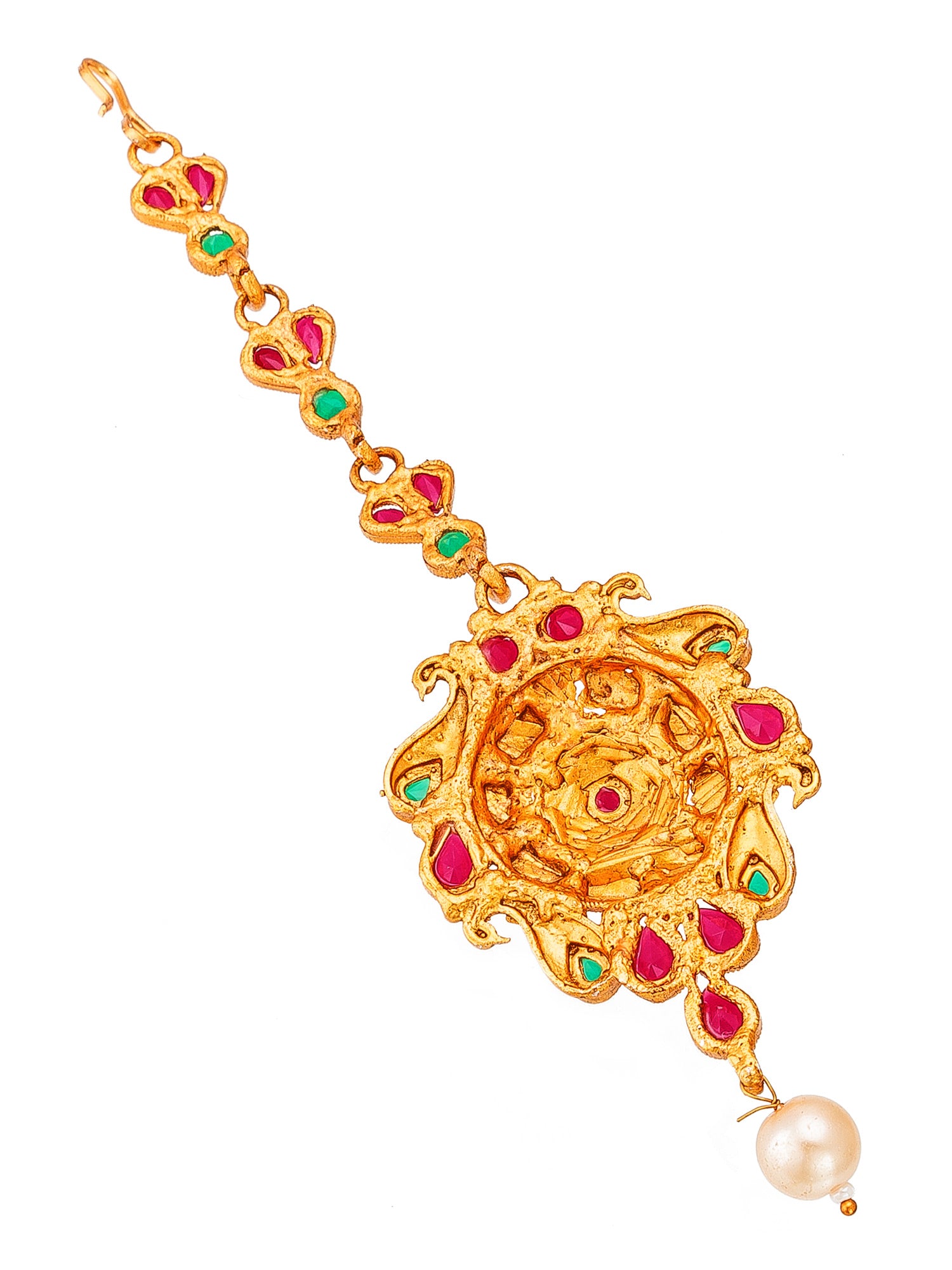 Aadita Gold Plated Intricate Peacock Motif Pink and Green Stone Maang Tikka
