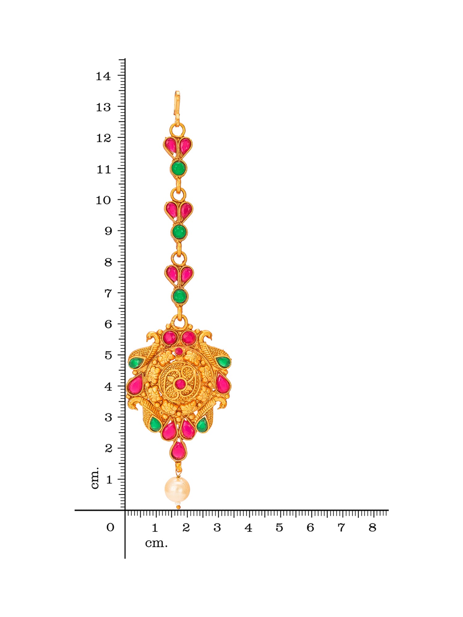 Aadita Gold Plated Intricate Peacock Motif Pink and Green Stone Maang Tikka