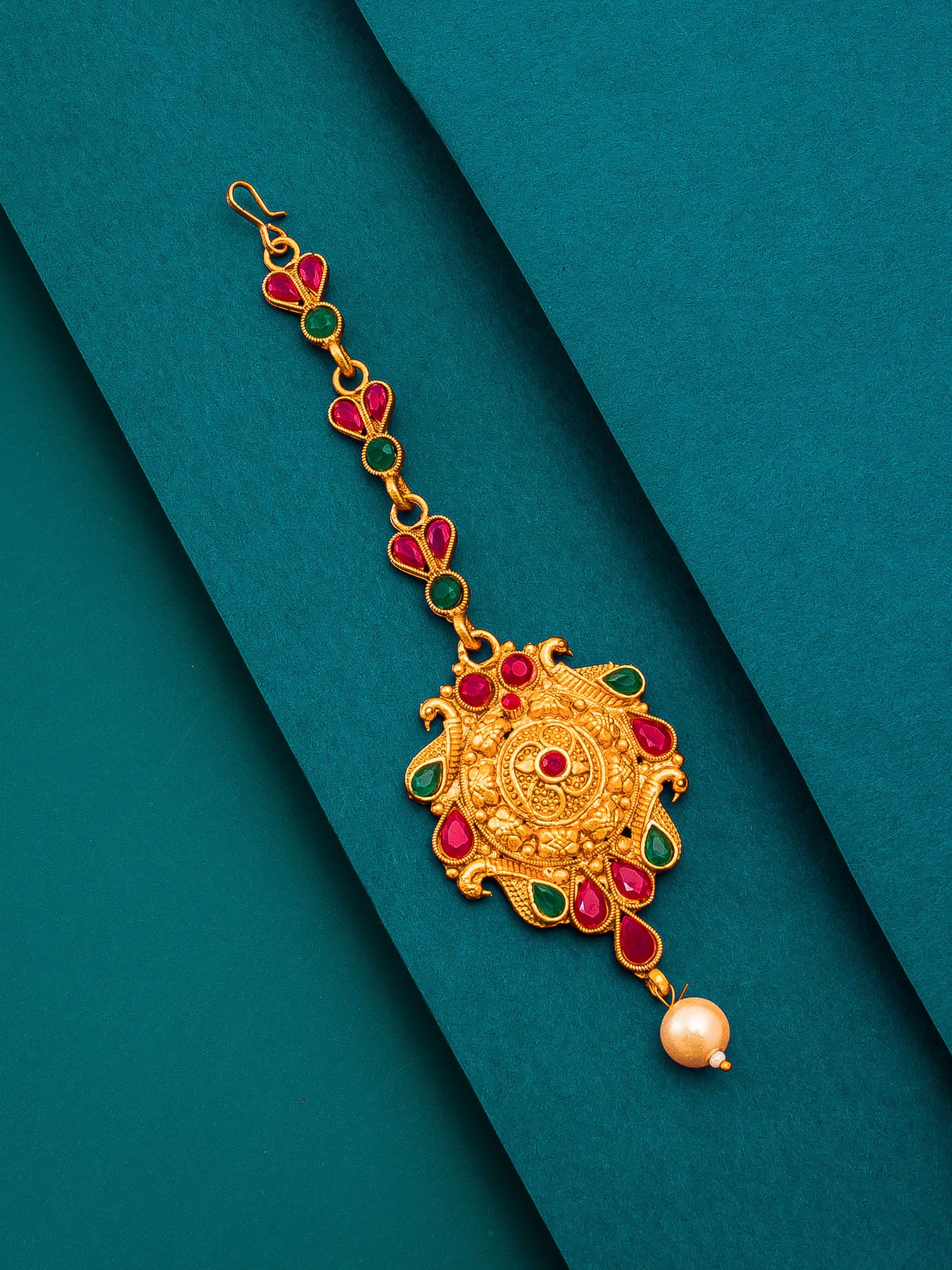 Aadita Gold Plated Intricate Peacock Motif Pink and Green Stone Maang Tikka