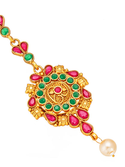 Aadita Gold Plated Ethnic Round Concentric Stone Studded Maang Tikka