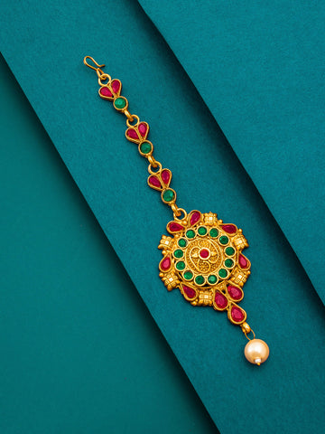 Aadita Gold Plated Ethnic Round Concentric Stone Studded Maang Tikka