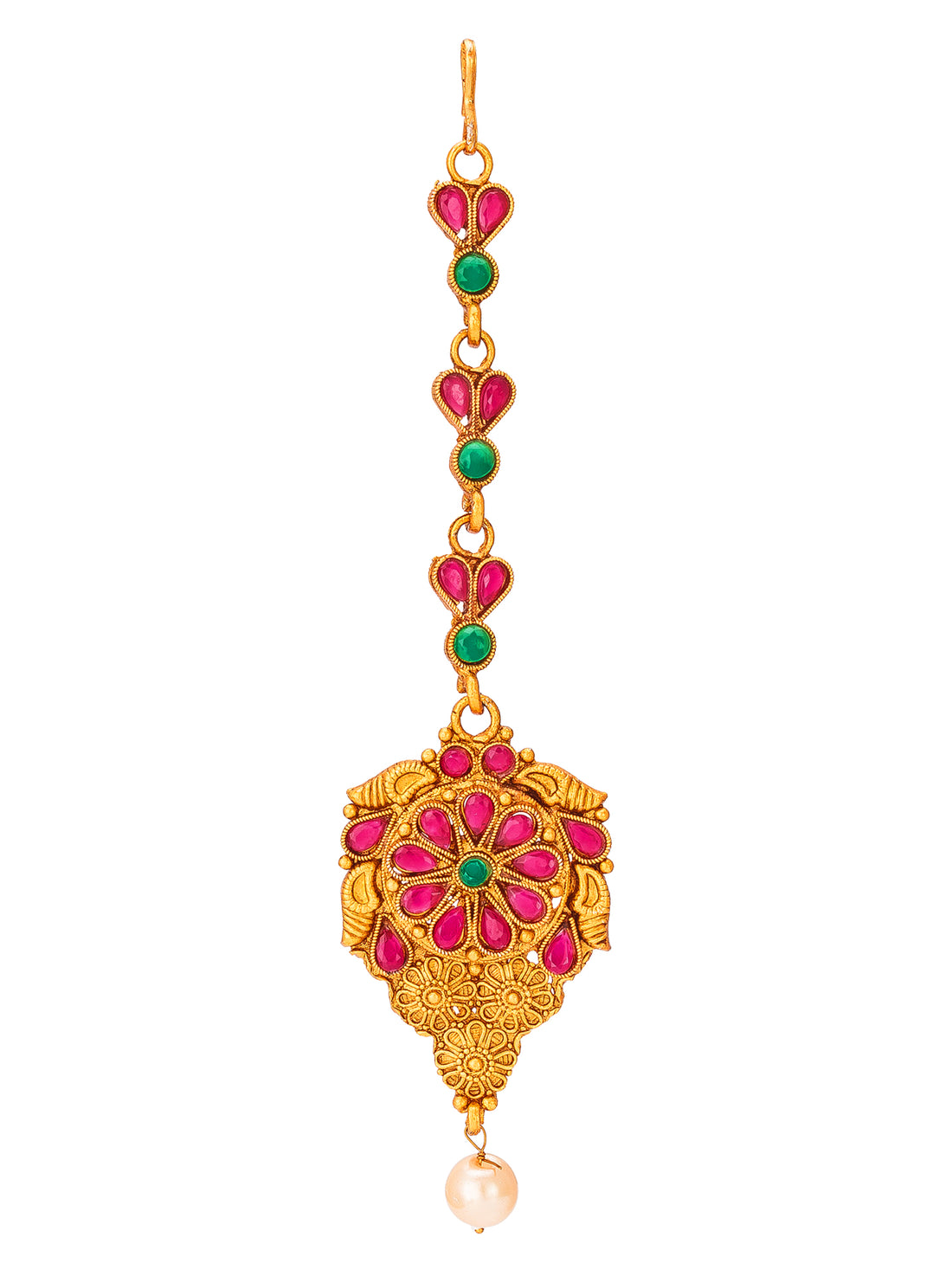 Gold Plated Pink and Green Stone Studded Floral Maang Tikka
