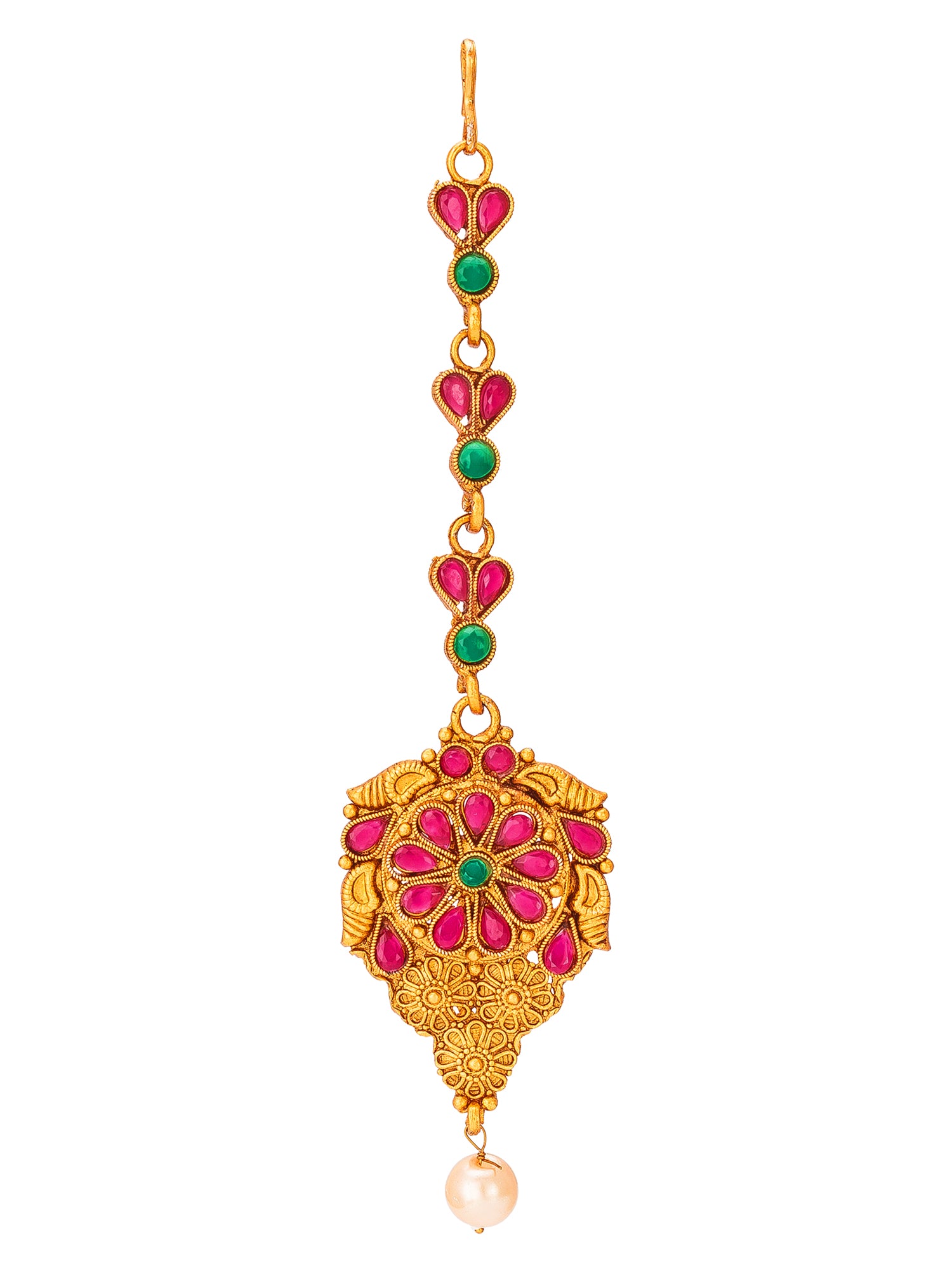 Aadita Gold Plated Pink and Green Stone Studded Floral Maang Tikka