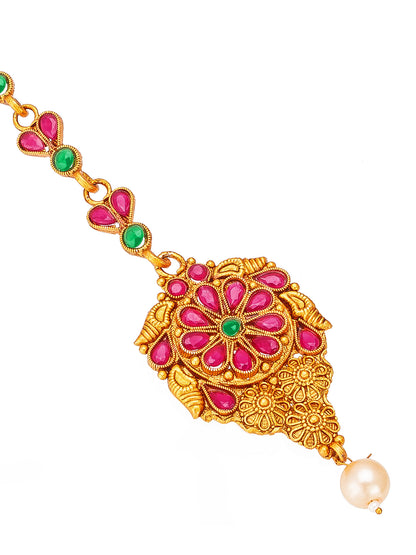 Aadita Gold Plated Pink and Green Stone Studded Floral Maang Tikka