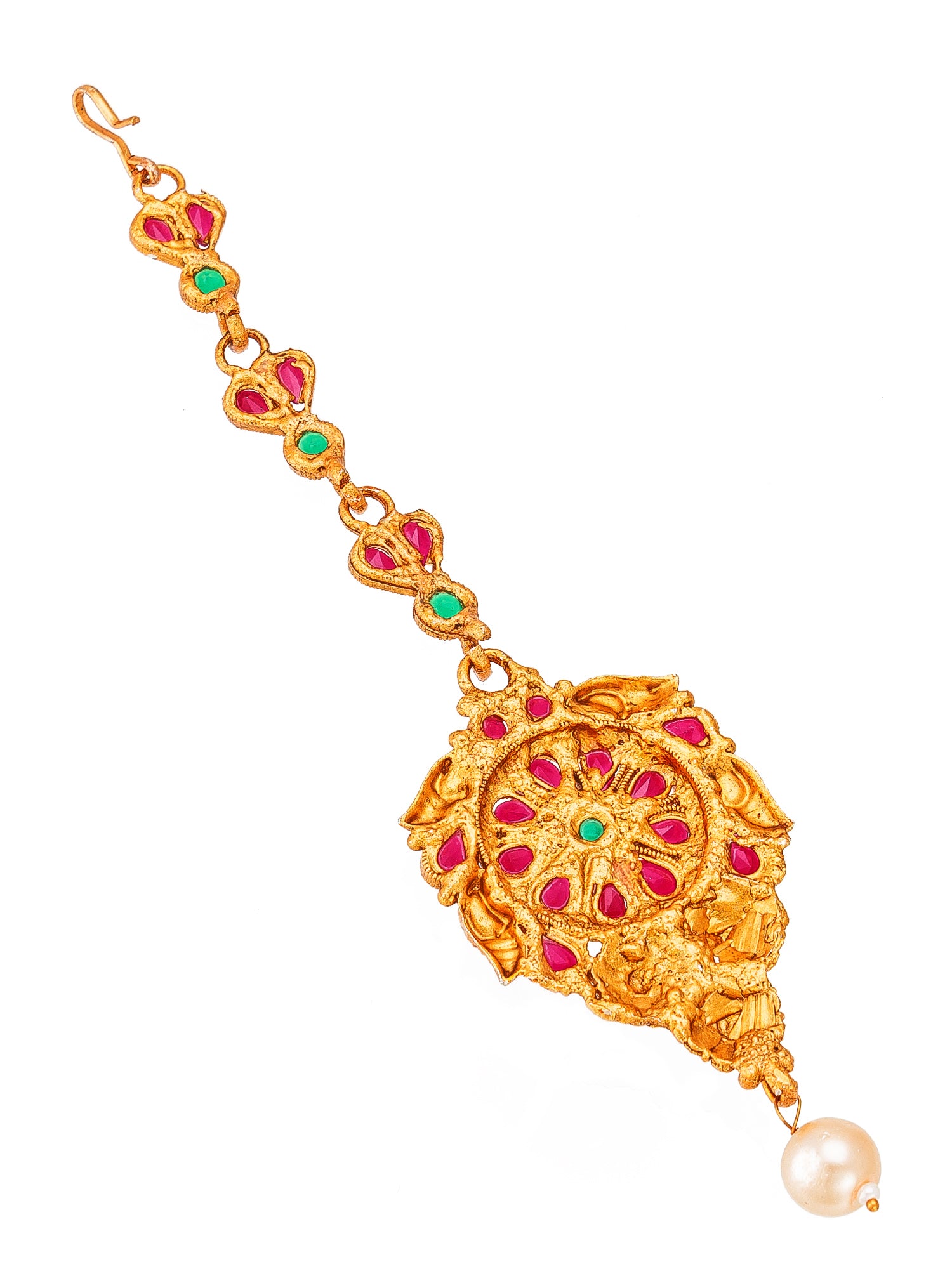 Aadita Gold Plated Pink and Green Stone Studded Floral Maang Tikka