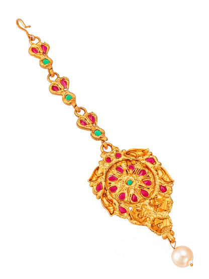 Aadita Gold Plated Pink and Green Stone Studded Floral Maang Tikka