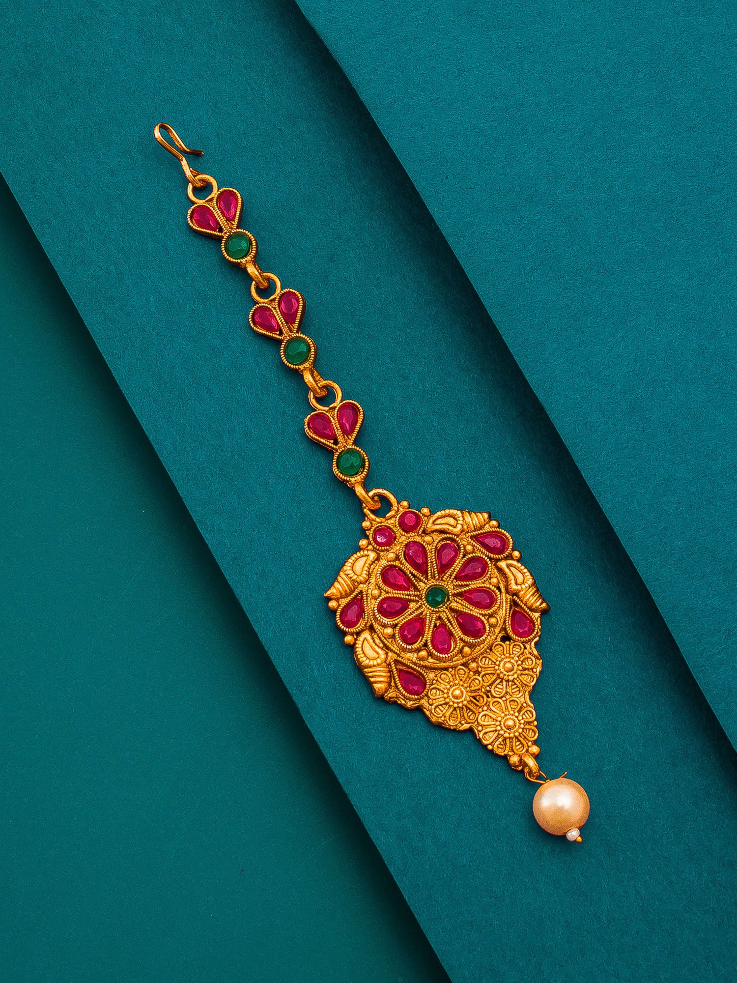 Aadita Gold Plated Pink and Green Stone Studded Floral Maang Tikka