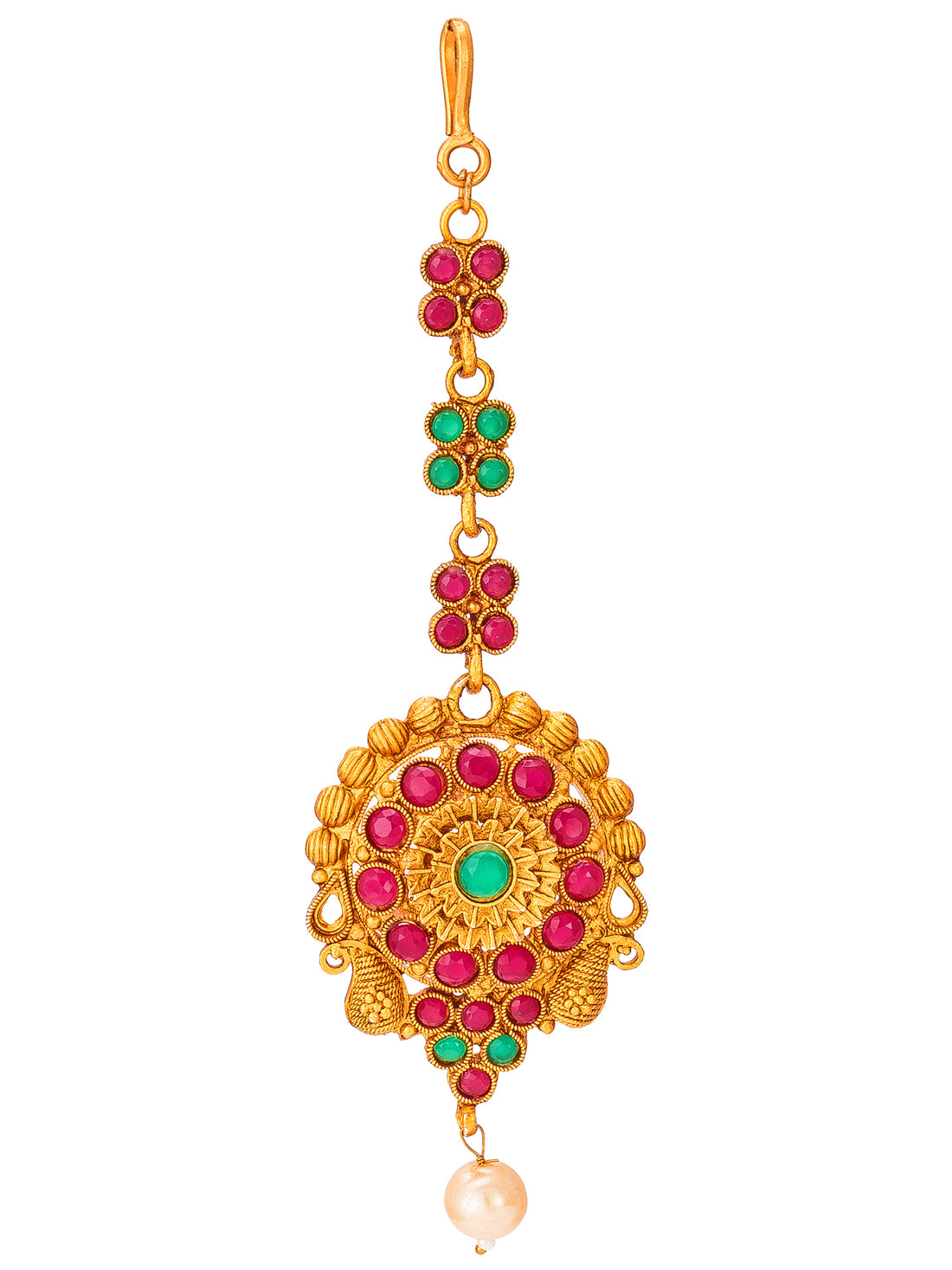 Ethnic Gold Plated Round Maang Tikka with Multi-Color Stones