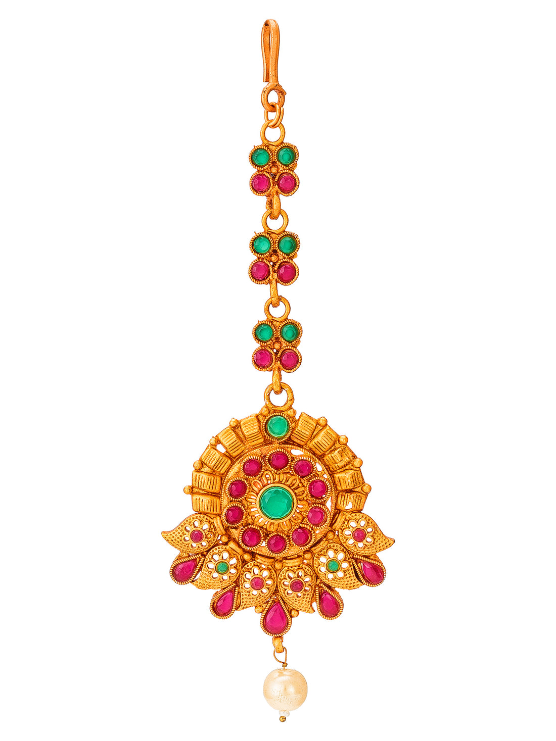 Gold Plated Pink and Green Stone Maang Tikka with Pearl Drop