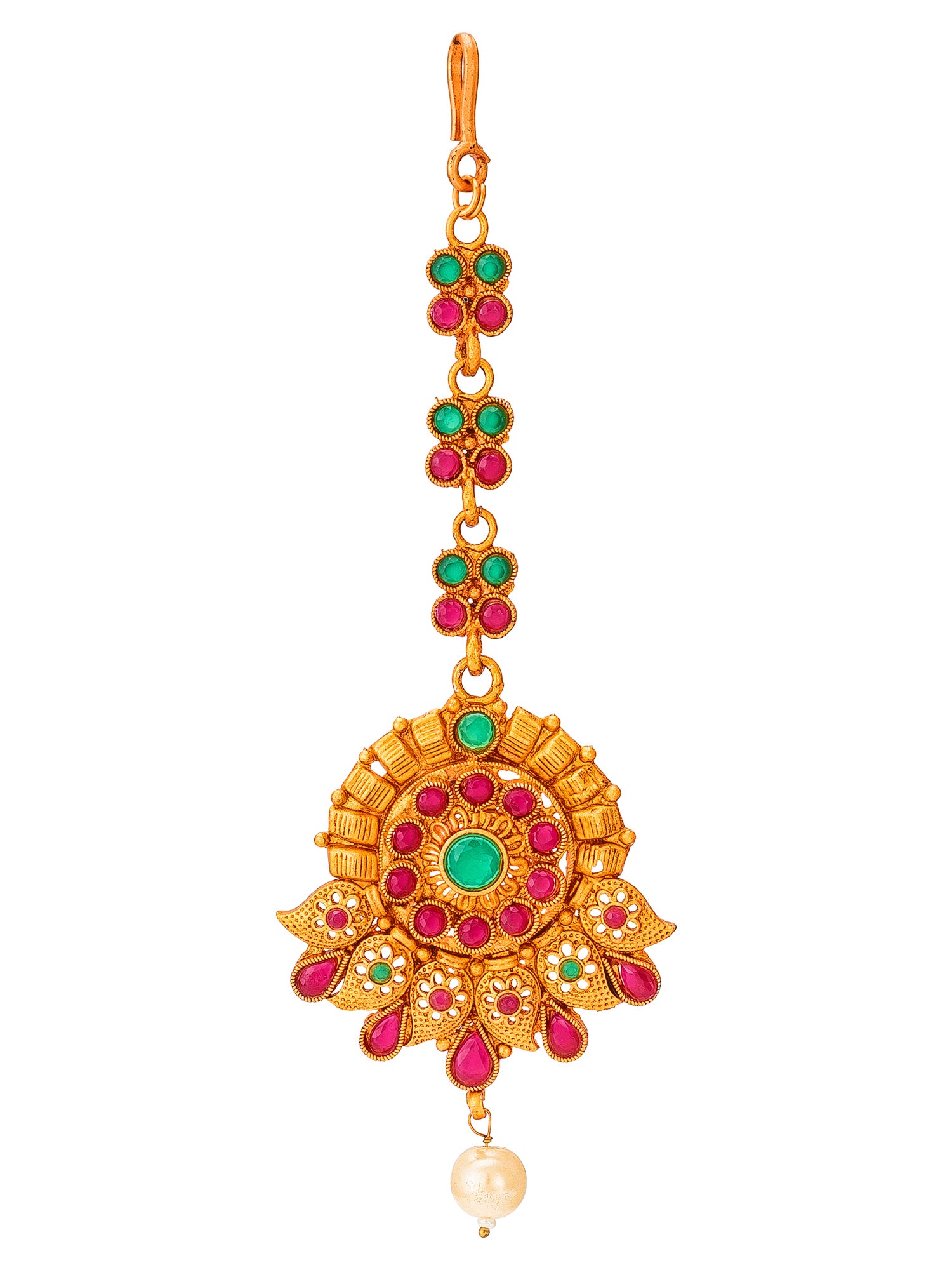 Aadita Traditional Gold Plated Pink and Green Stone Maang Tikka with Pearl Drop