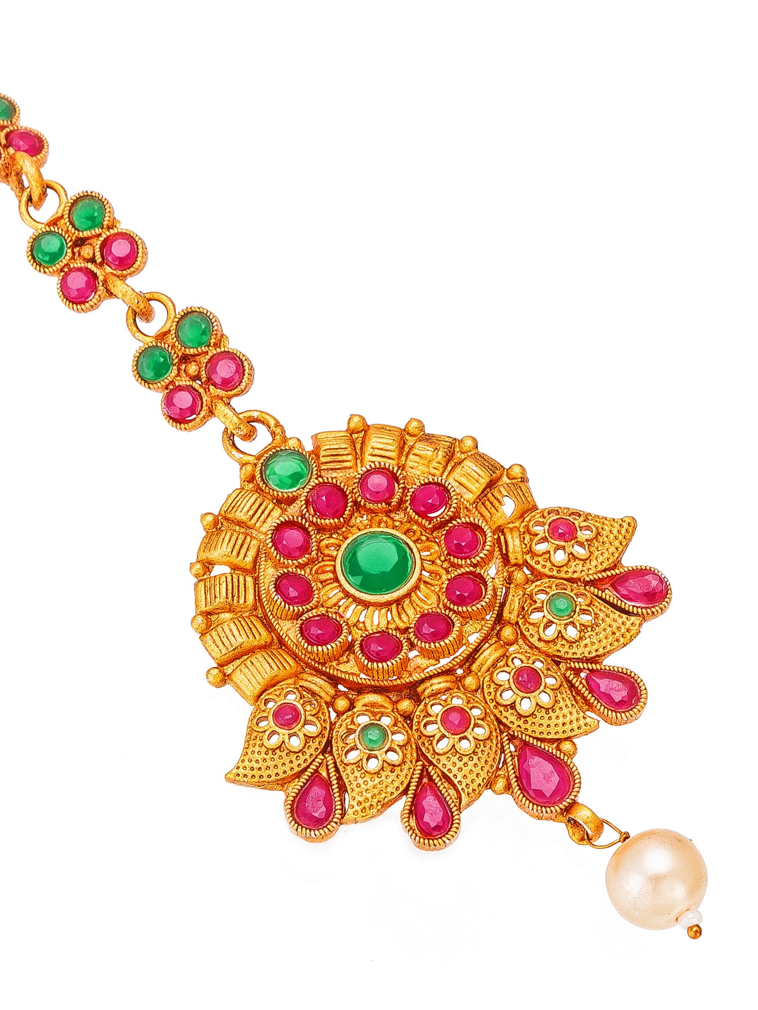 Aadita Traditional Gold Plated Pink and Green Stone Maang Tikka with Pearl Drop